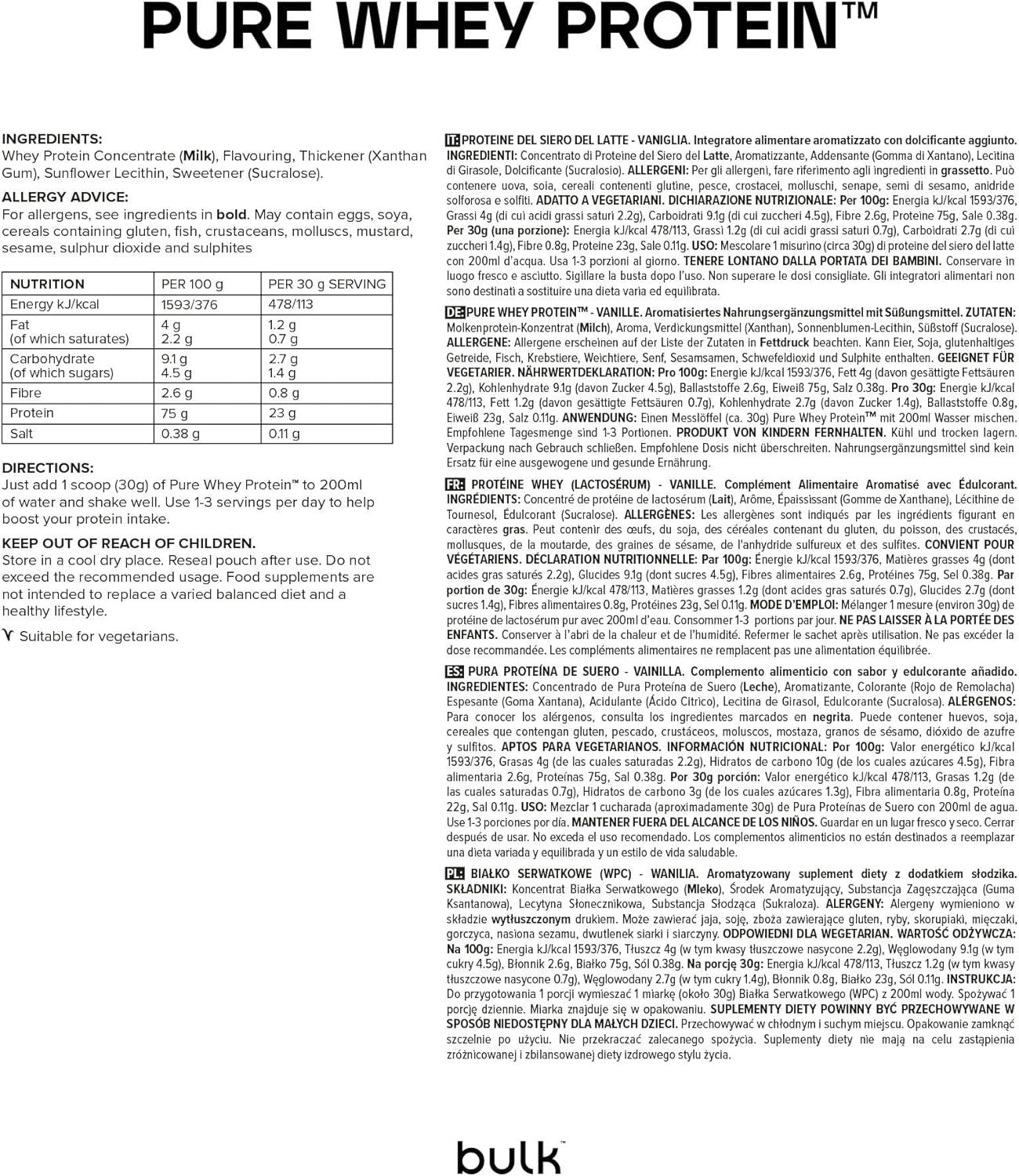 Informazioni sul prodotto Pure Whey Protein Vaniglia. Contiene informazioni nutrizionali, ingredienti e istruzioni.