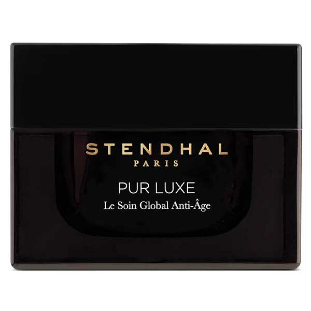 Vasetto nero con coperchio. Scritta dorata: Stendhal Paris, Pur Luxe, Le Soin Global Anti-Âge.