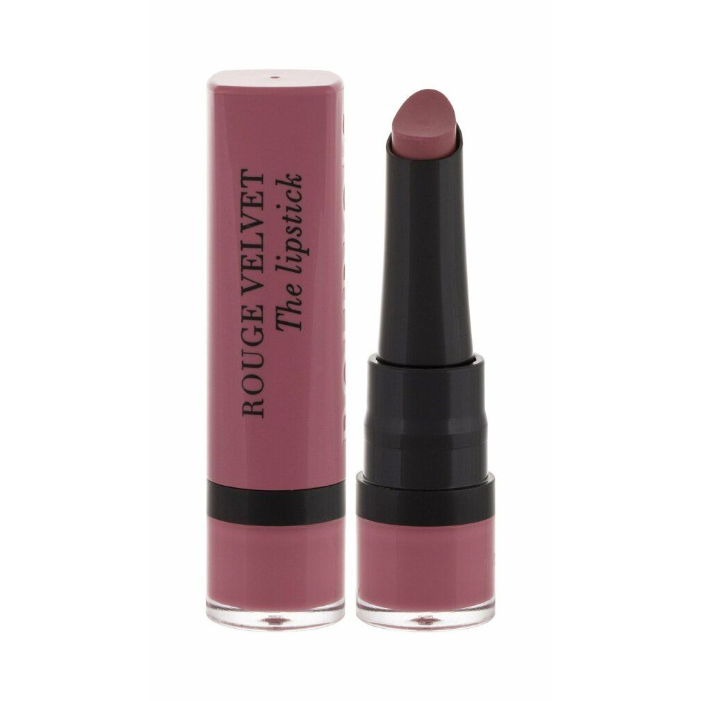 Rossetto con cappuccio aperto. Tonalità nude. Stick nero. Scritta: ROUGE VELVET The lipstick BOURJOIS.