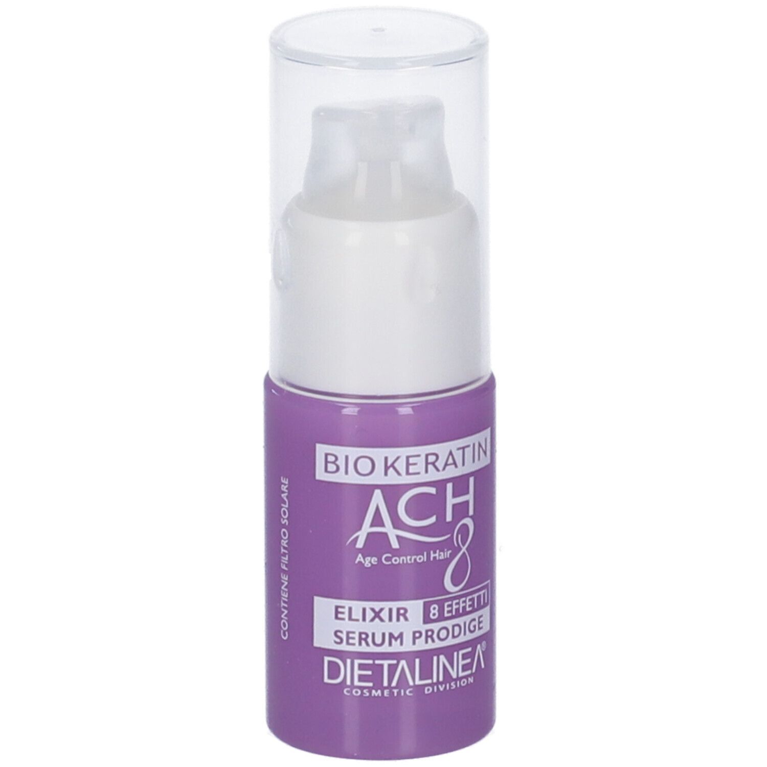 Flacone viola con erogatore bianco. Scritta: BIO KERATIN ACH8 Elixir Serum Prodige. Contiene filtro solare. Marchio: DIETALINEA.
