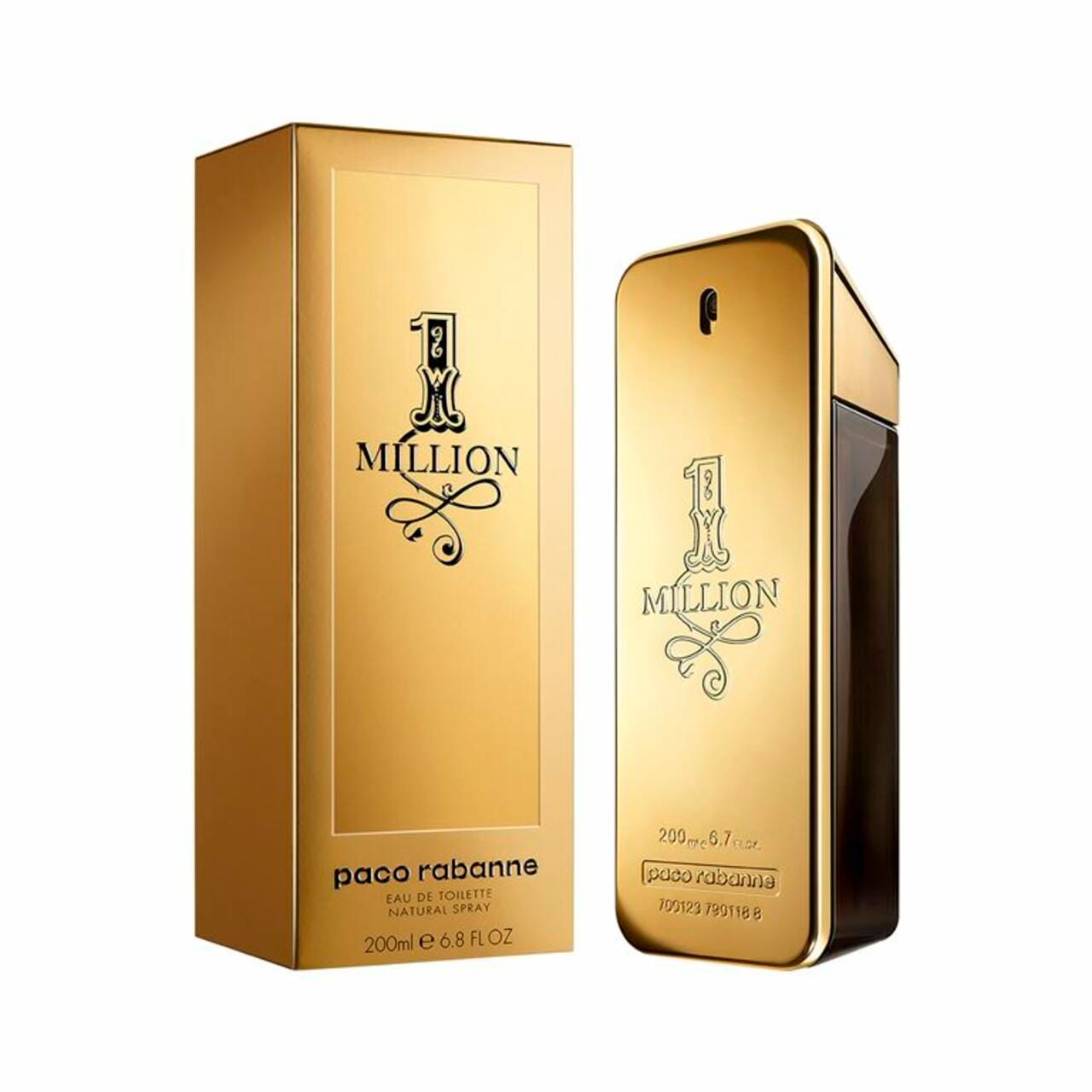 Scatola e flacone dorati. Scritta "1 Million". Flacone con vaporizzatore nero. "paco rabanne".