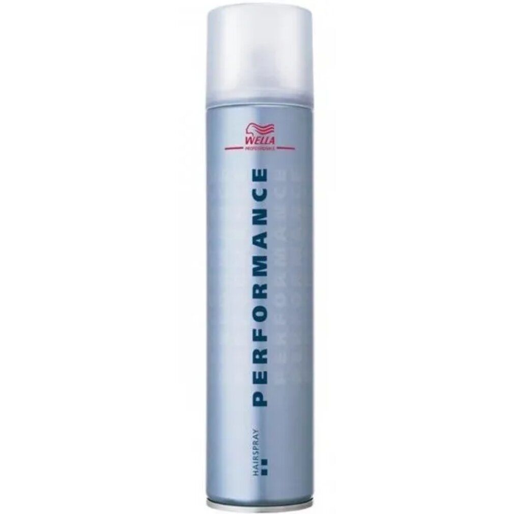 Bomboletta spray per capelli blu con tappo bianco. Scritta: PERFORMANCE, HAISPRAY, logo Wella.