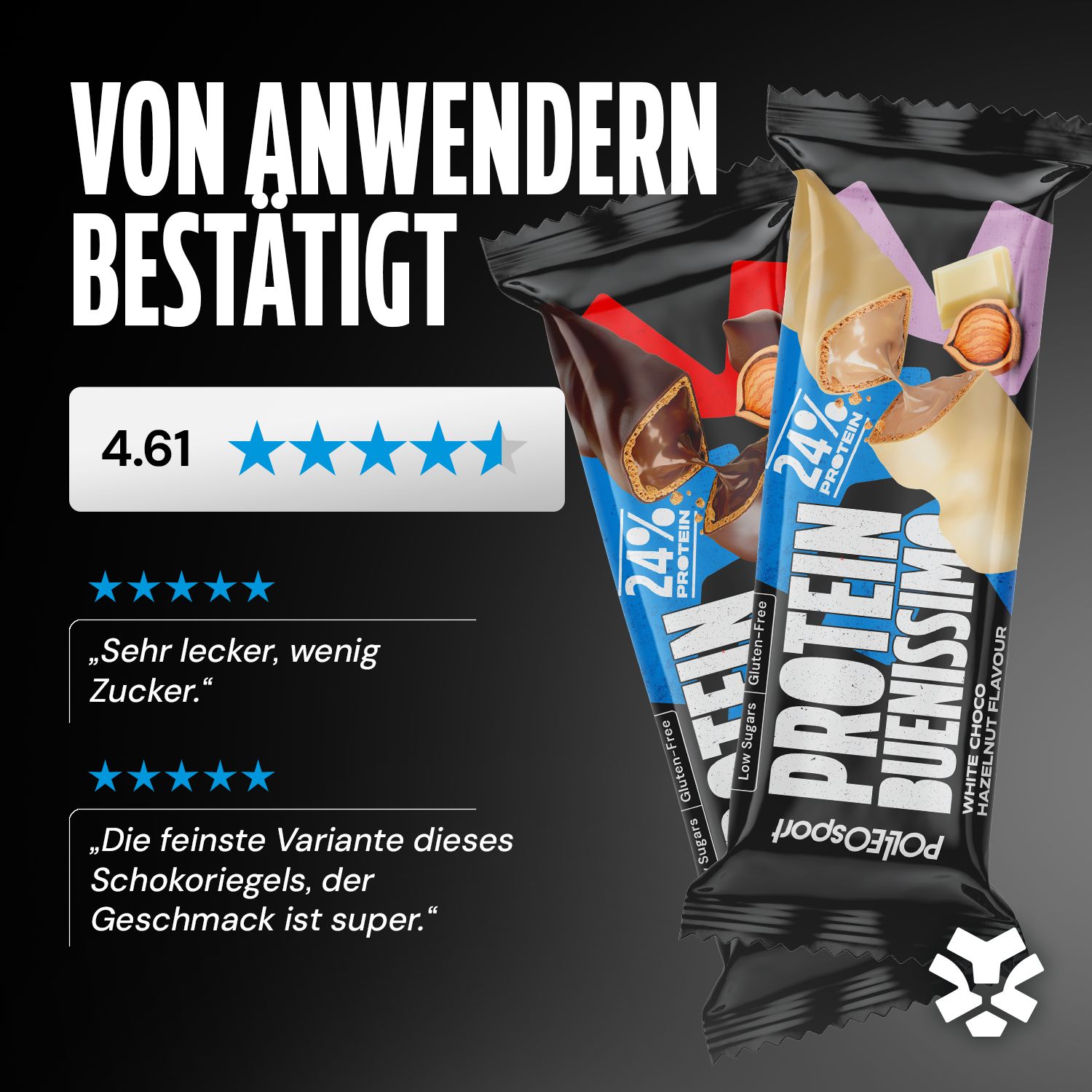 Barrette proteiche Protein Buenissimo. Confezione con 24% di proteine, senza glutine e a basso contenuto di zuccheri. Valutazione 4.61.