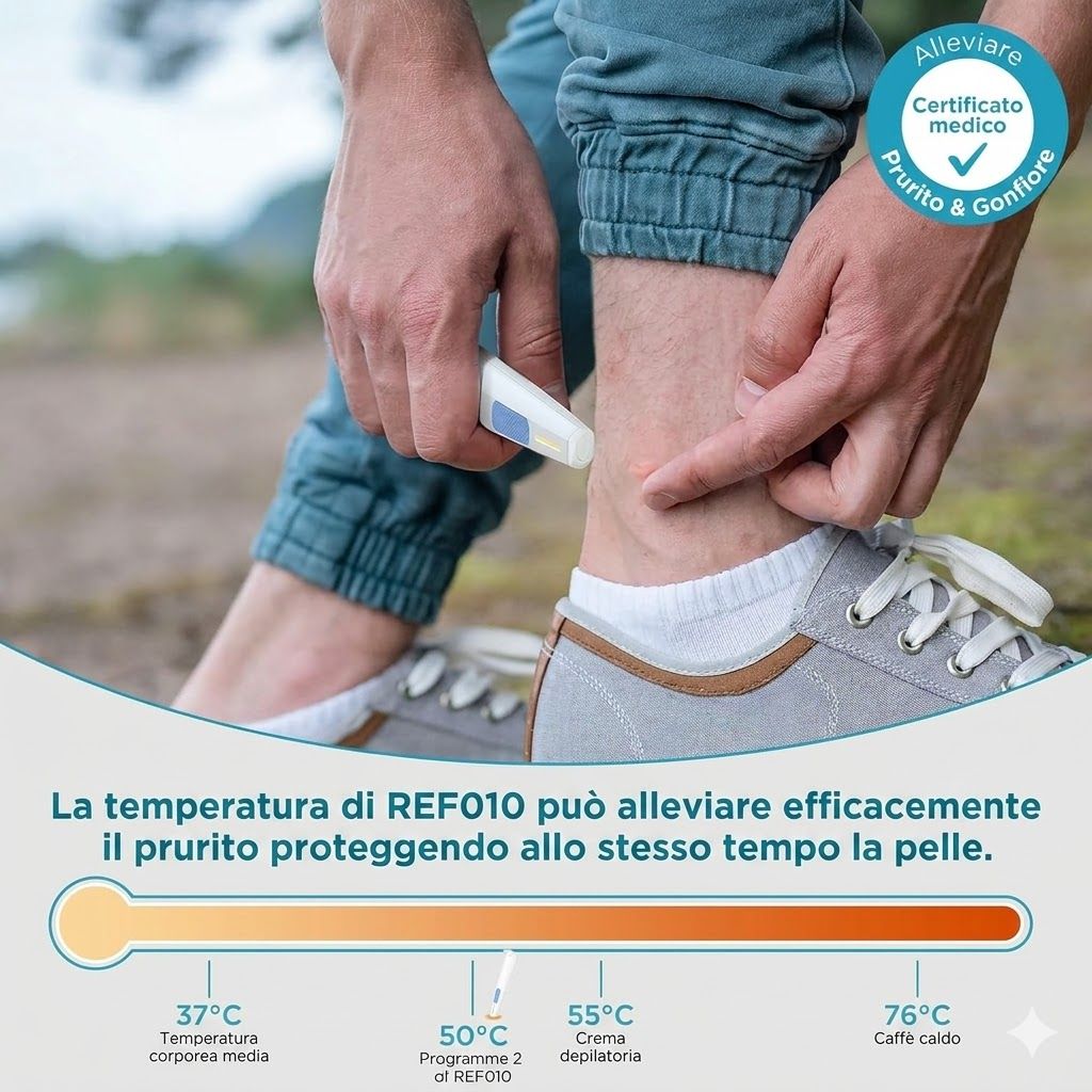 Persona mostra il dispositivo sulla gamba. Testo: allevia prurito, 37°C, 50°C, 55°C, 76°C. Certificato medico.