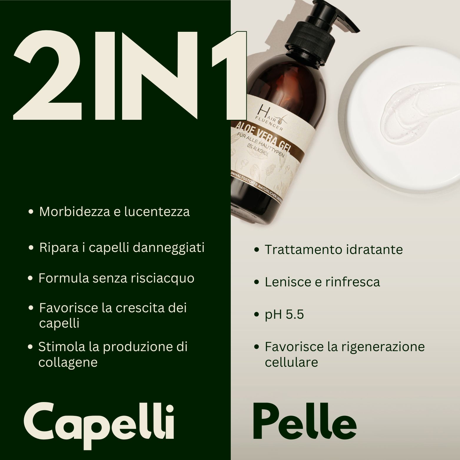 Gel Aloe Vera Hairfluencer 2in1 per pelle e capelli. Idrata, lenisce, pH 5.5.