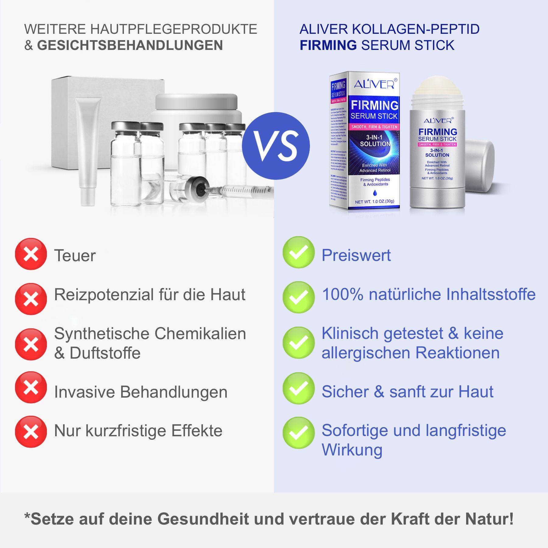Confronto: ALIVER Firming Serum Stick vs. altri prodotti per la cura della pelle. Vantaggi: economico, naturale, clinicamente testato, sicuro.