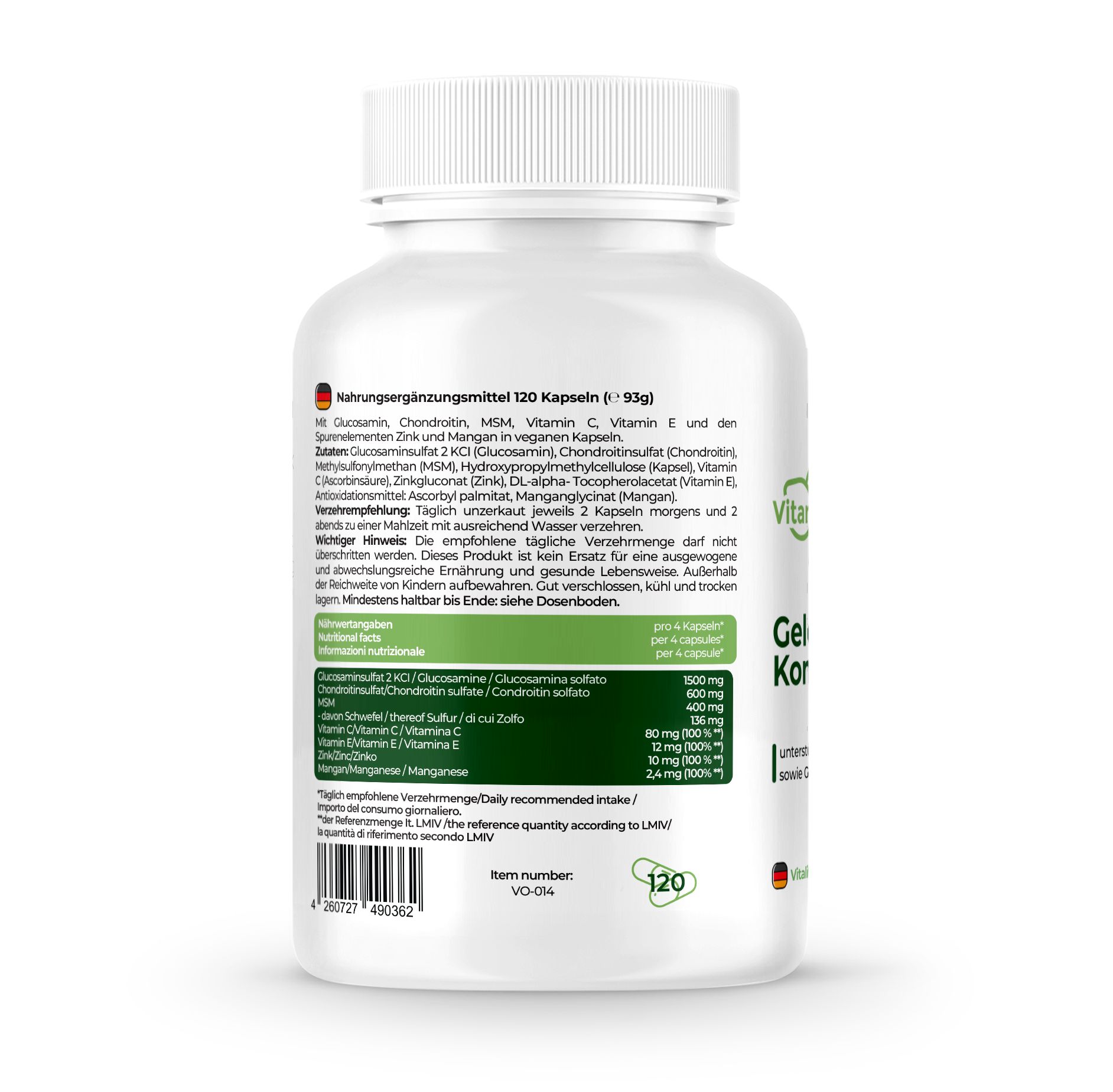 Retro di un flacone bianco. Testo: Integratore alimentare. 120 capsule. Ingredienti e raccomandazioni per l'uso.