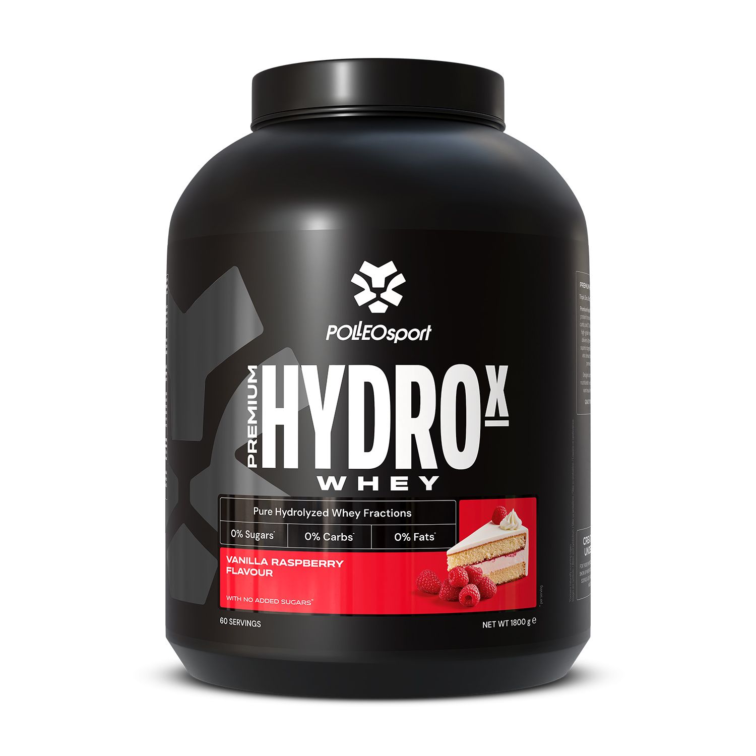 Contenitore nero con scritta "HYDROx Whey". Immagine di torta e lamponi. Etichetta "Vanilla Raspberry flavour".