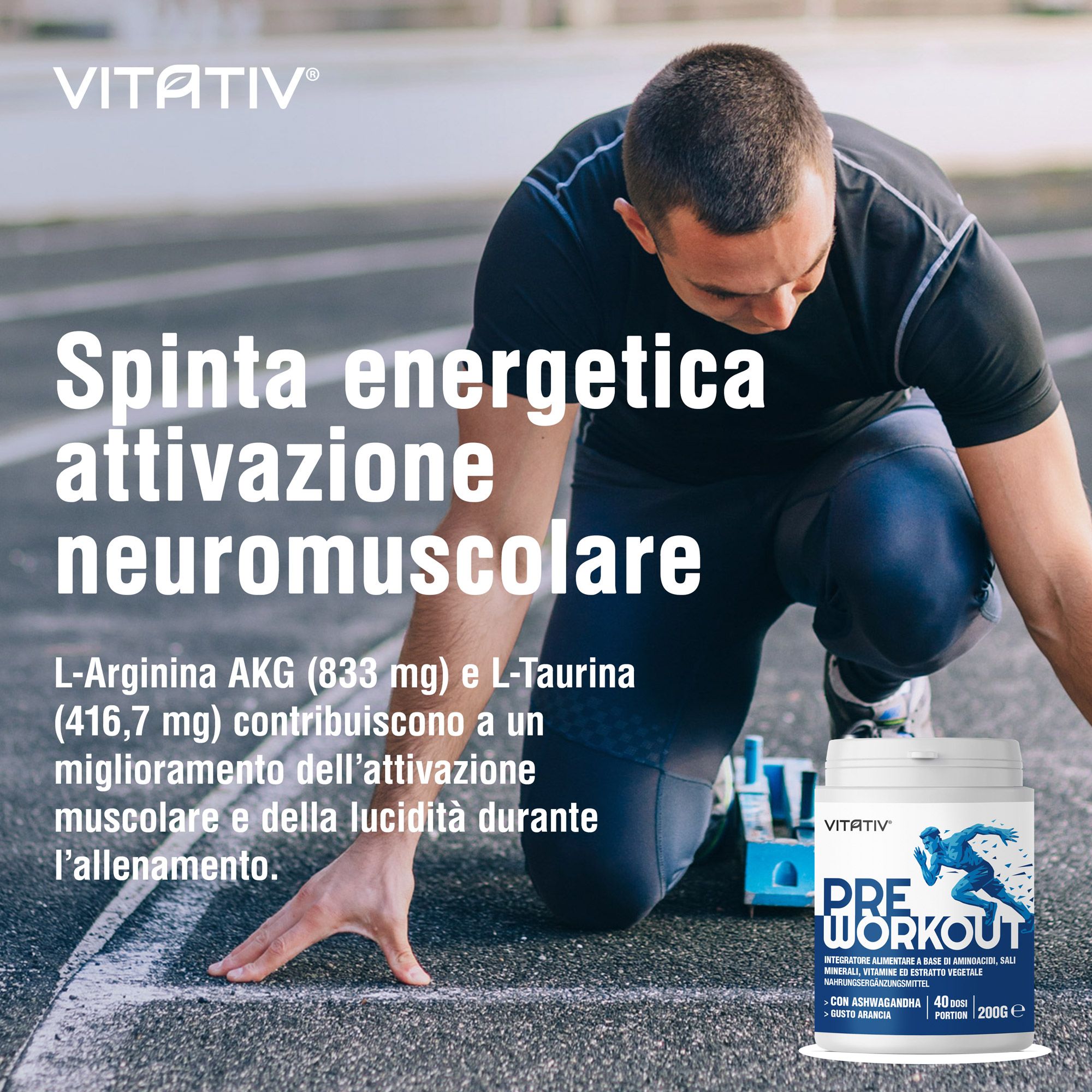 VITATIV® Pre Workout Senza Caffeina - Citrullina + Beta-Alanina + Ashwagandha - Uomo - 200g