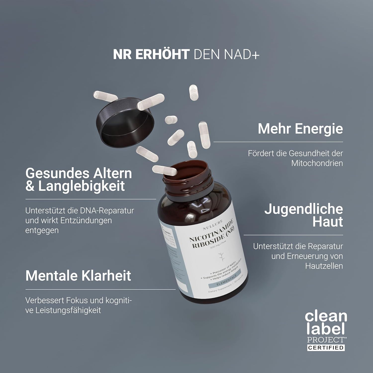 Flacone marrone con capsule. Testo: NR aumenta il NAD+. Più energia, pelle giovane, chiarezza mentale. Clean Label Project certificato.