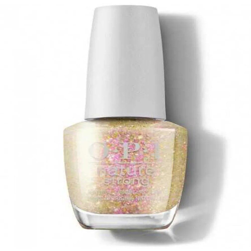 Flacone di smalto con tappo bianco. Scritta: OPI Nature Strong. Contenuto glitterato.