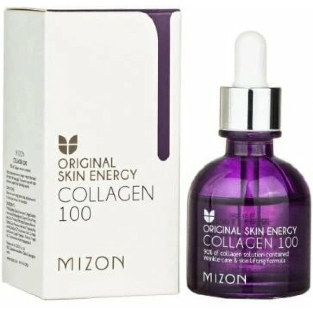 Flacone viola e confezione. Scritta: Original Skin Energy Collagen 100, Mizon. Confezione a sinistra.