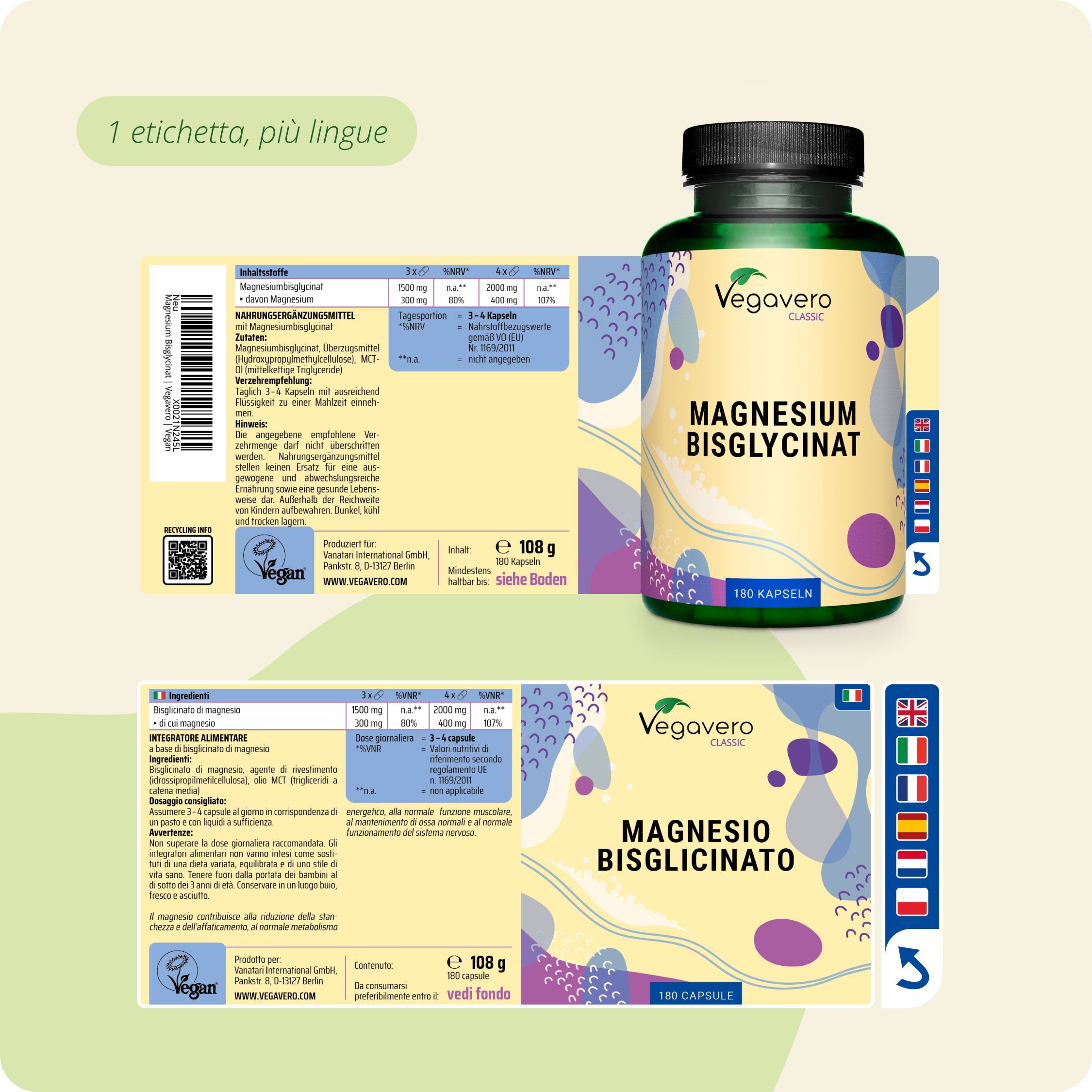 Barattolo di Magnesio Bisglicinato Vegavaro ed etichette multilingue.