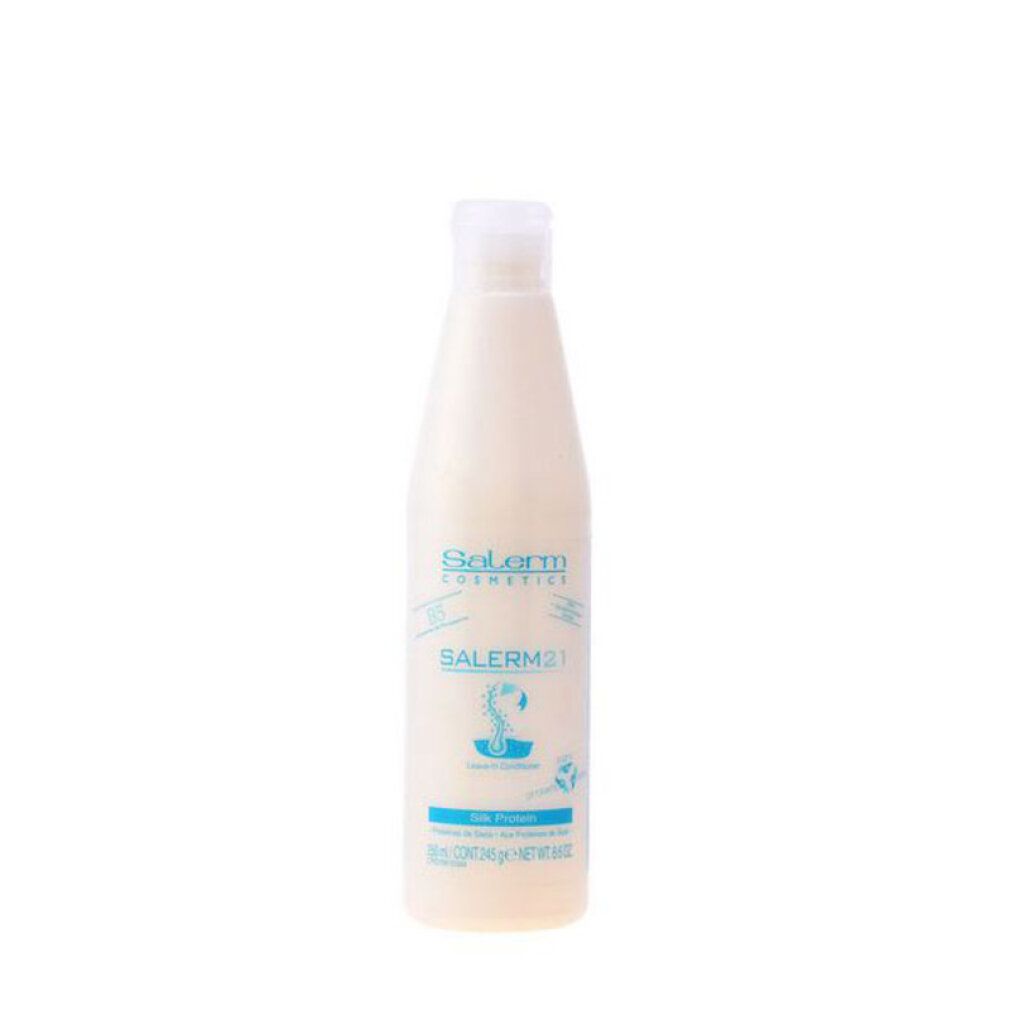 Bottiglia con liquido cremoso. Contiene Salerm21. Nome del prodotto e logo visibili. Liquido marrone chiaro.