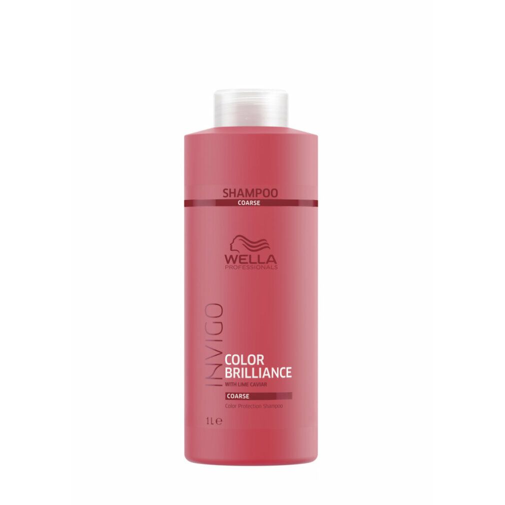 Flacone di shampoo rosso con tappo bianco. Scritta: Wella Invigo Color Brilliance per capelli spessi. Testo: Shampoo, Coarse, 1L.
