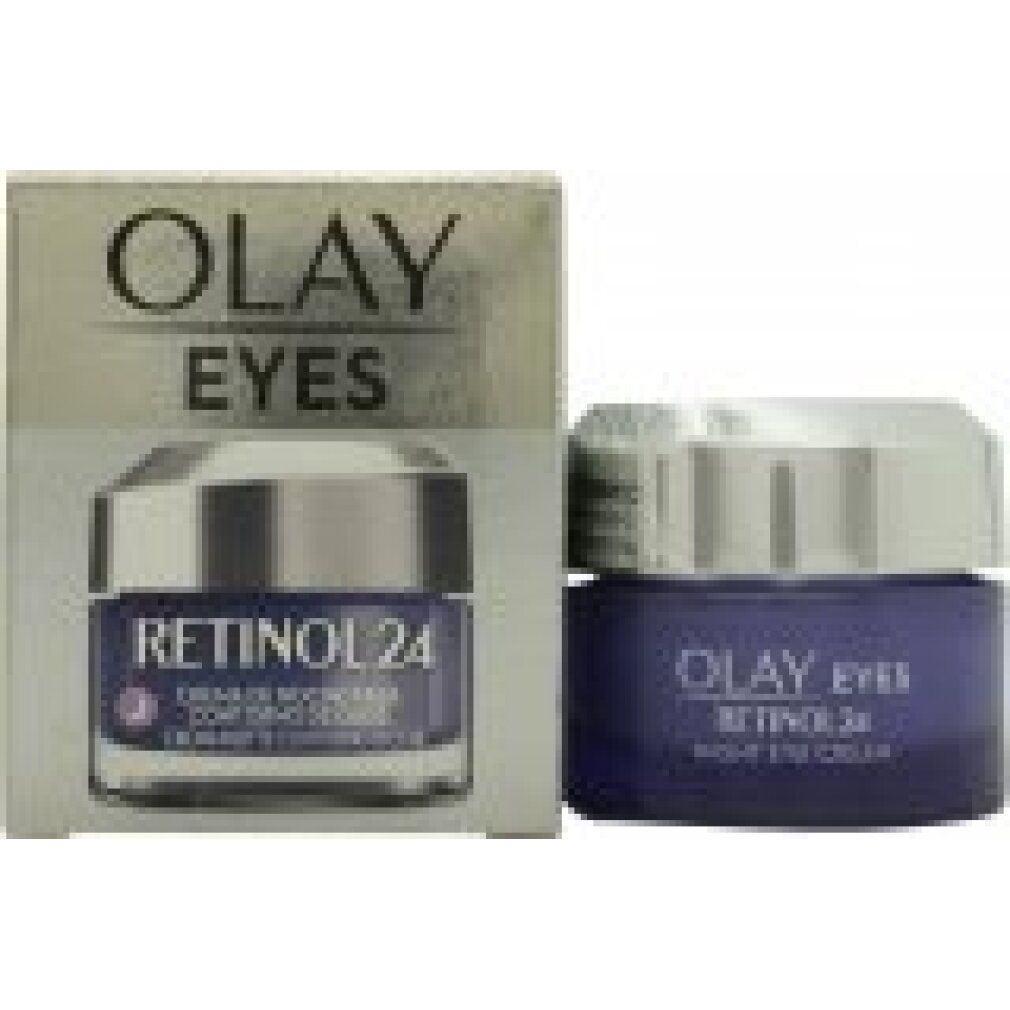Olay Eyes Retinol24 crema occhi notte. Prodotto e confezione affiancati. Crema blu in vasetto con coperchio argentato. Testo: Retinol 24.