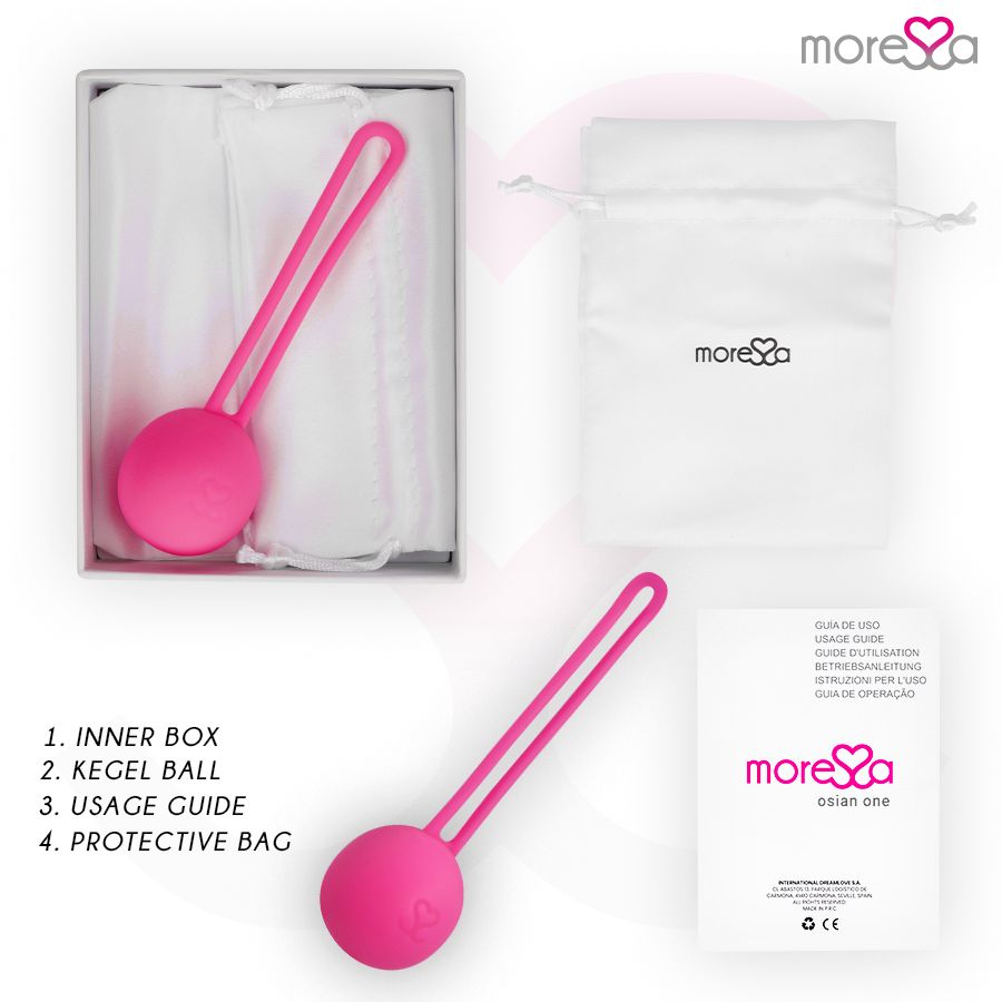 Set di prodotti con sfera rosa, sacchetto protettivo, manuale utente e scatola interna. Scritta: Moressa Osian.