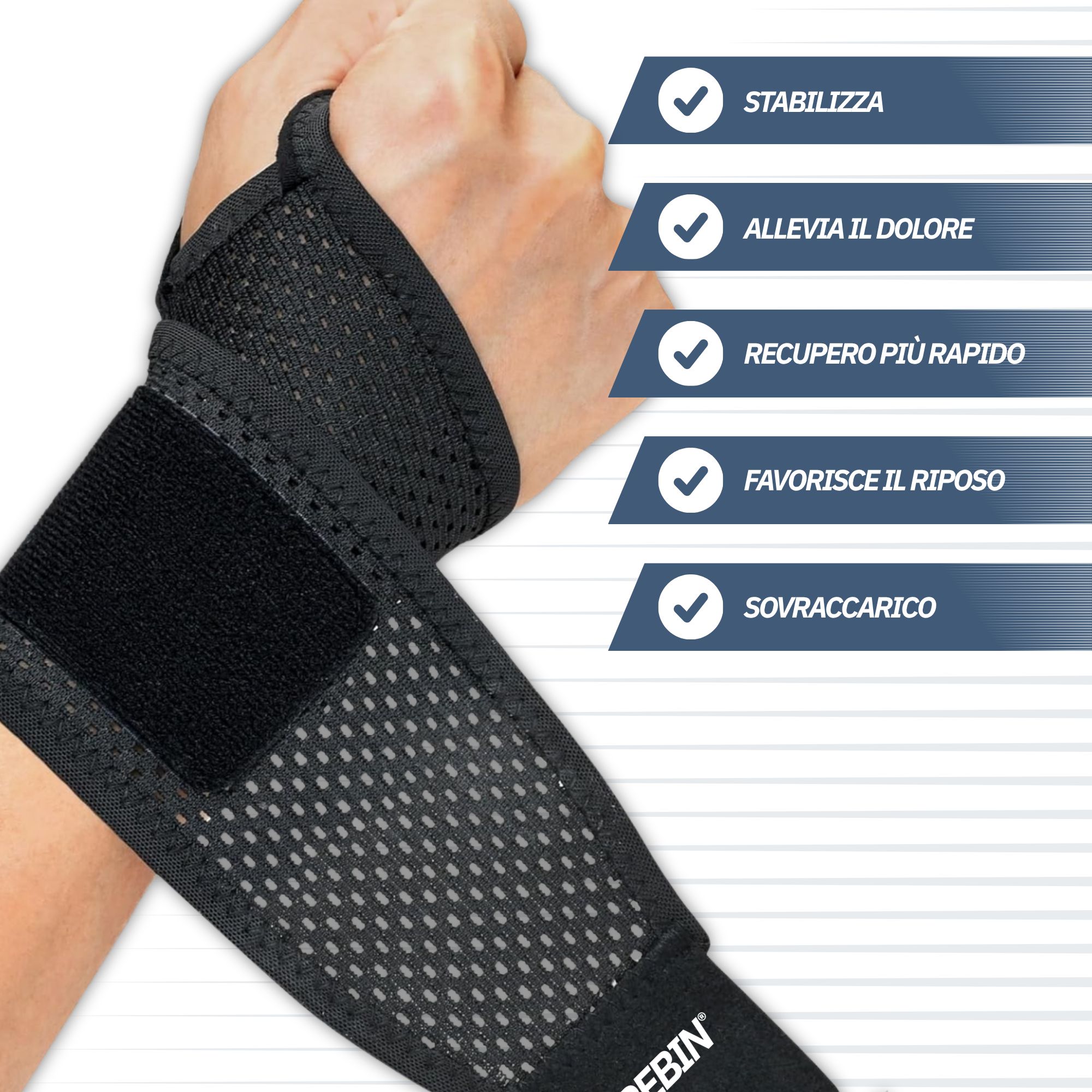 Primo piano di una fascia polso nera con chiusura in velcro.