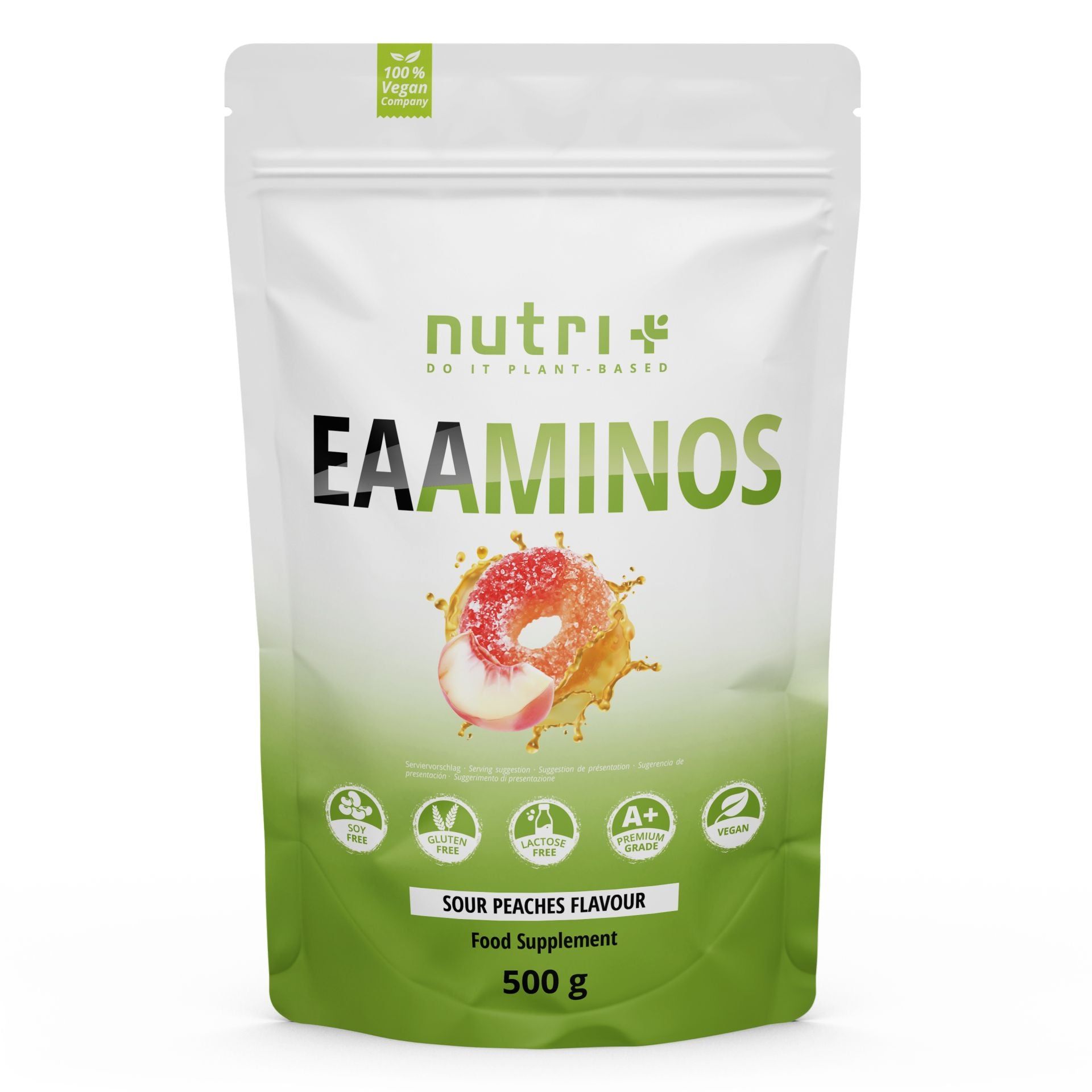 Sacchetto bianco stand-up con scritta nutri+ EAAMINOS, gusto Sour Peaches, 500g.
