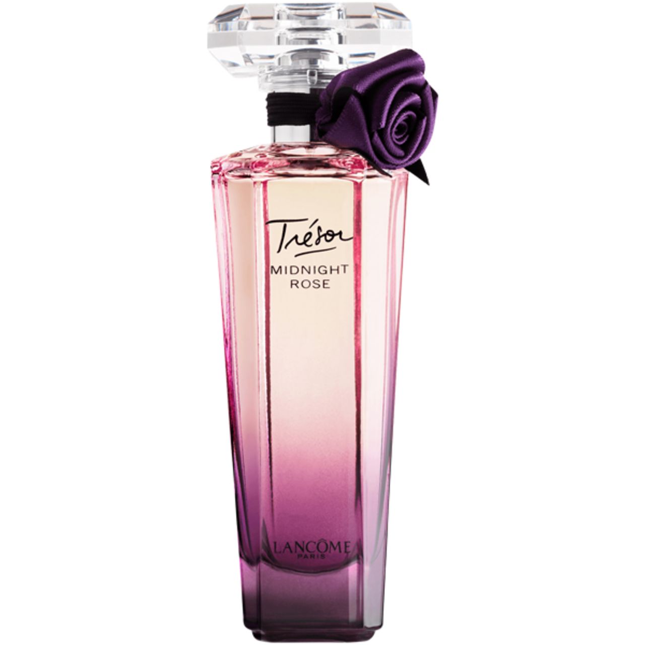 Flacone di profumo sfumato rosa e viola. Scritta "Trésor Midnight Rose". Tappo cristallo e rosa viola.