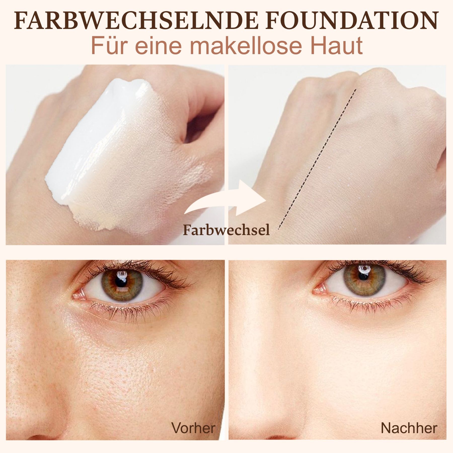 Confronto prima-dopo di una donna con fondotinta. Il prodotto indica "Foundation Medium Spectrum".