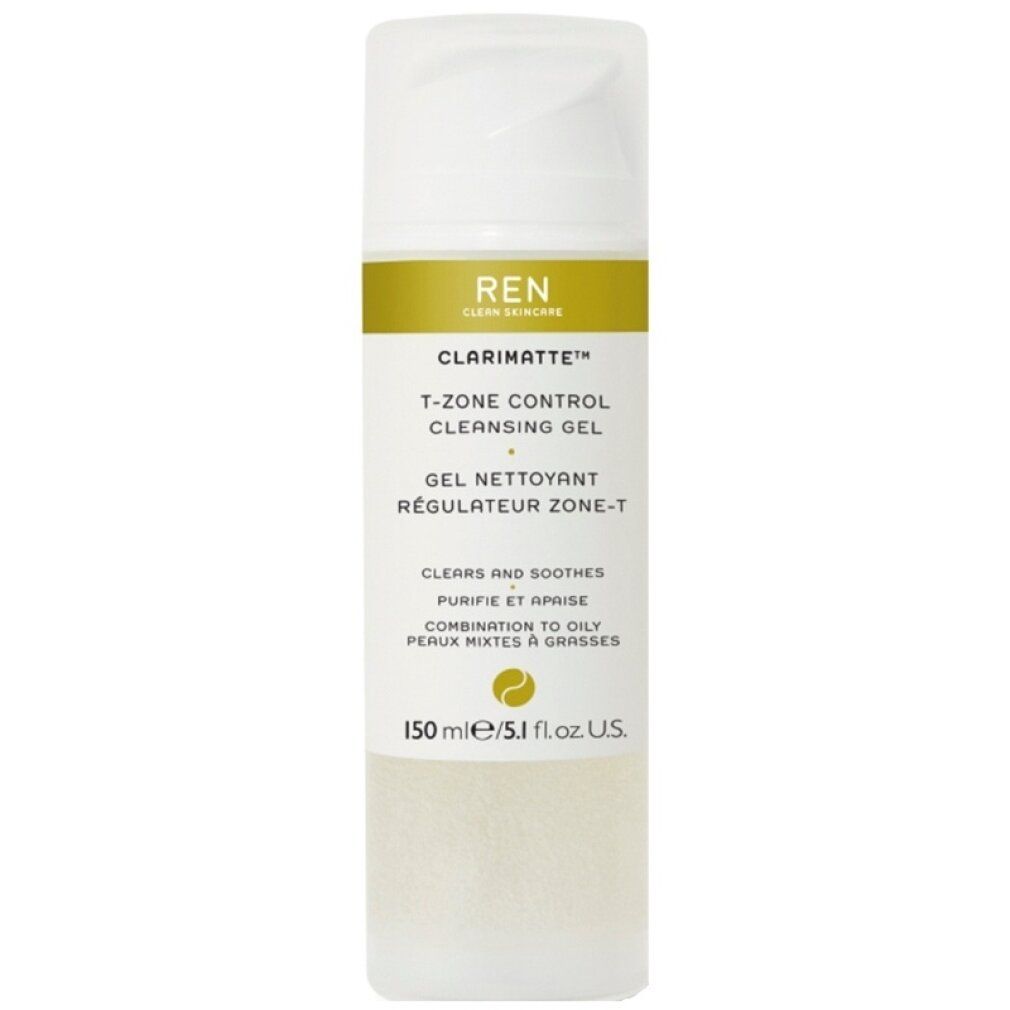 Flacone bianco trasparente, etichetta gialla. Testo: REN Clarimatte T-Zone Control Cleansing Gel. 150 ml.