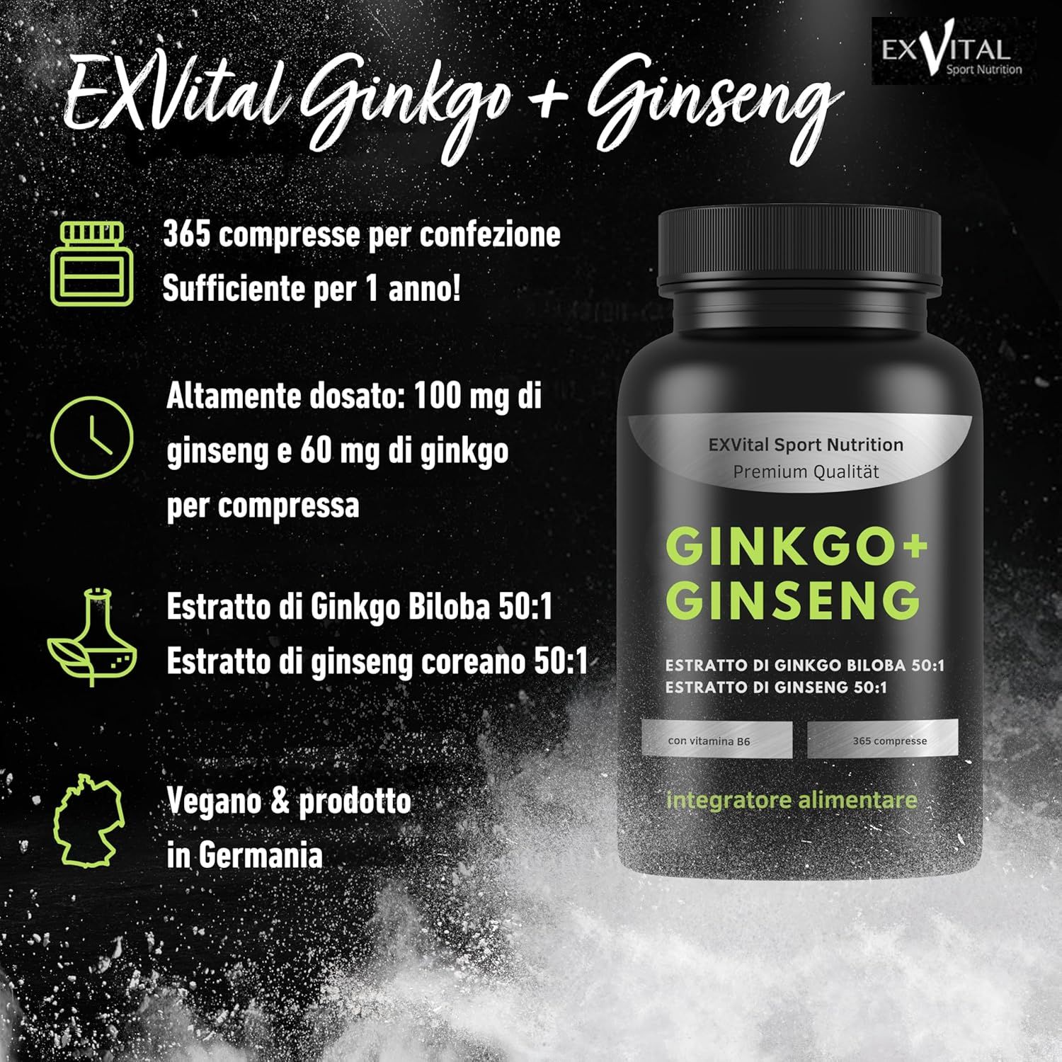Contenitore nero con etichetta EXVital Ginkgo + Ginseng, foglia di ginkgo. "Alto Dosaggio".