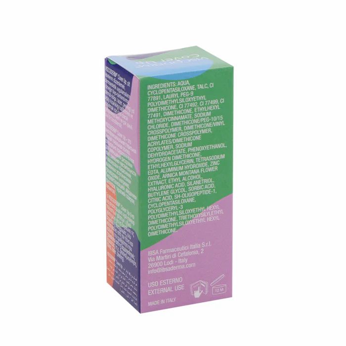 Confezione di Viscoderm Cover Up Dark. Scatola colorata con elenco ingredienti e informazioni del produttore. Testo multilingue.