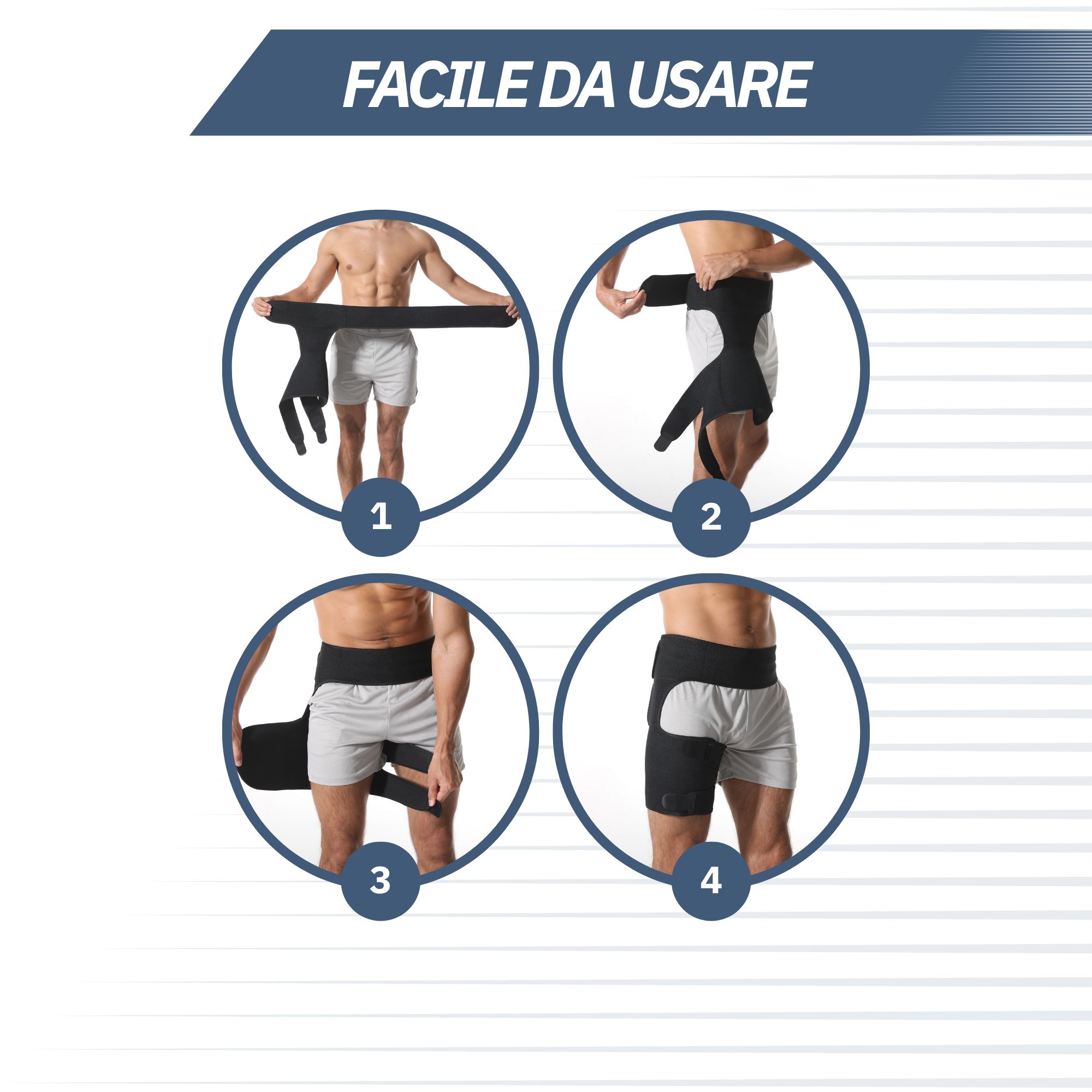 Bendaggio anca e coscia: facile da indossare, uso quotidiano, supporta il recupero, design leggero.