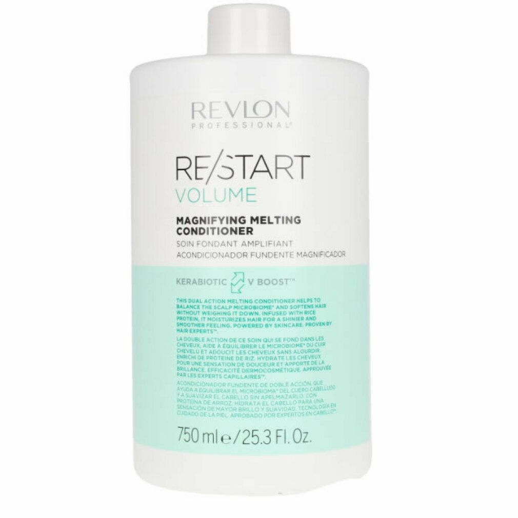 Flacone bianco con etichetta. Testo: Revlon Professional Re/Start Volume Magnifying Melting Conditioner. 750 ml.