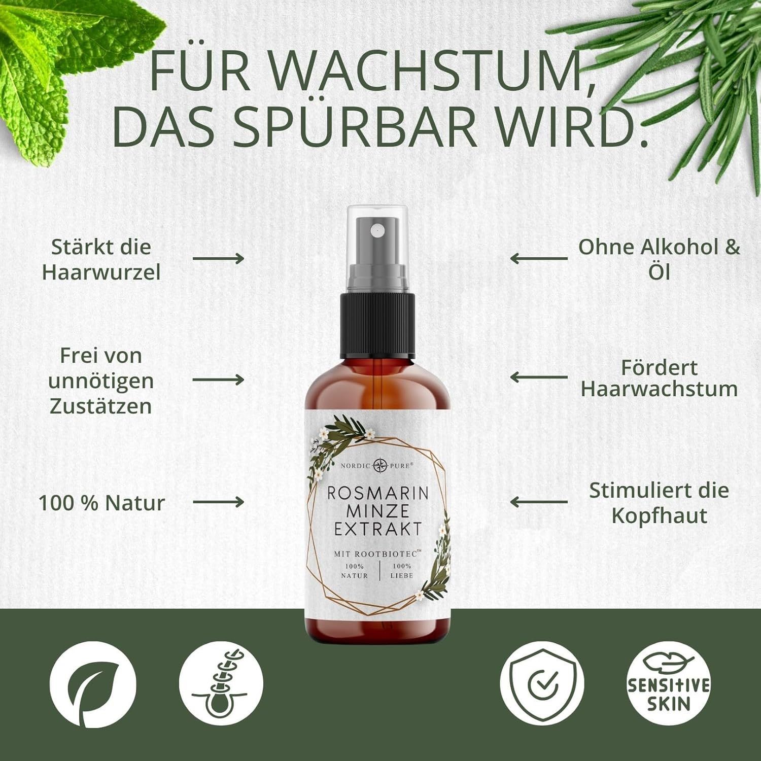 Flacone spray marrone con etichetta. Testo: Per una crescita percepibile. Vantaggi del prodotto.