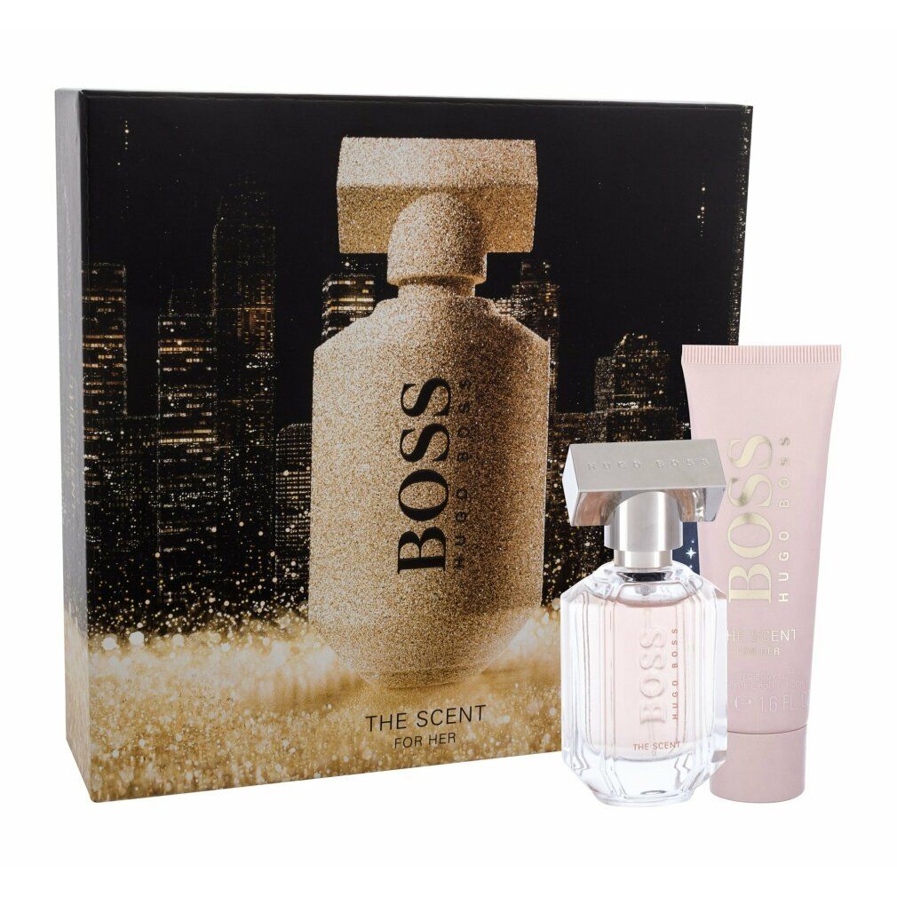 Set regalo con flacone di profumo, flacone più piccolo e tubo. Confezione nera con scritta dorata BOSS THE SCENT FOR HER.