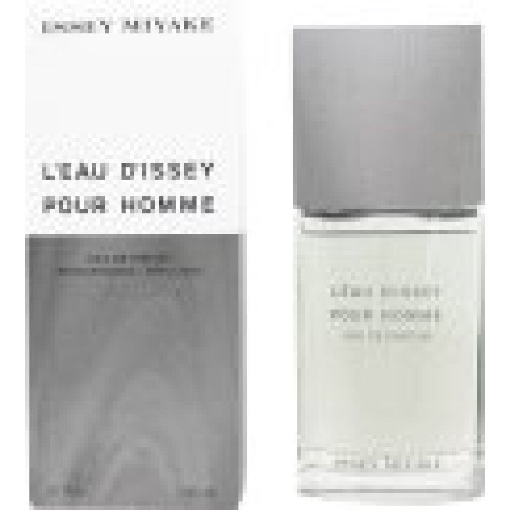 Flacone e confezione. Scritta: L'EAU D'ISSEY POUR HOMME, Eau de Parfum. Marchio: Issey Miyake. Tappo in legno.