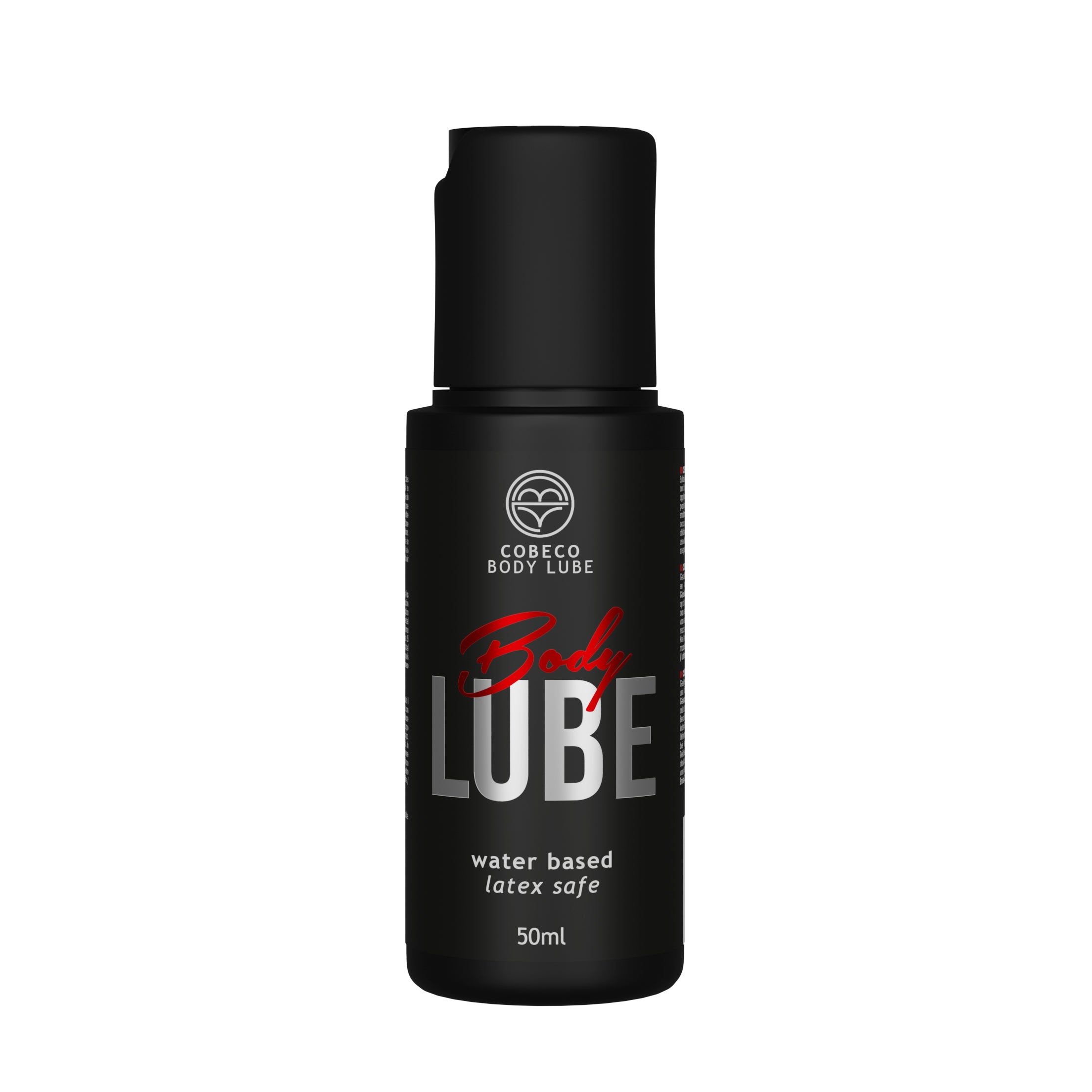 Flacone nero con tappo nero. Scritta "Body Lube", "water based latex safe" e "50ml". Logo "Cobeco Body Lube".