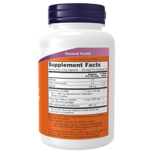 Retro del flacone di Glucosamina Condroitina con MSM Now Foods, con informazioni nutrizionali.
