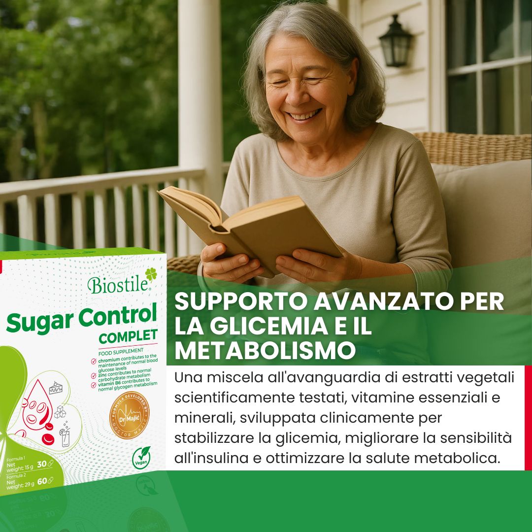 Confezione Biostile Sugar Control Komplett circondata da grafiche verdi che supportano glicemia e metabolismo.