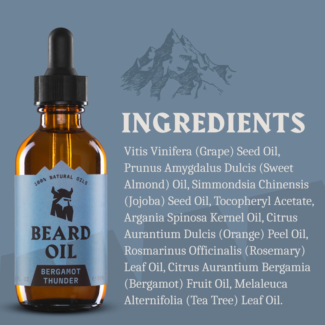 Flacone di olio da barba con contagocce ed elenco degli ingredienti su sfondo montuoso.