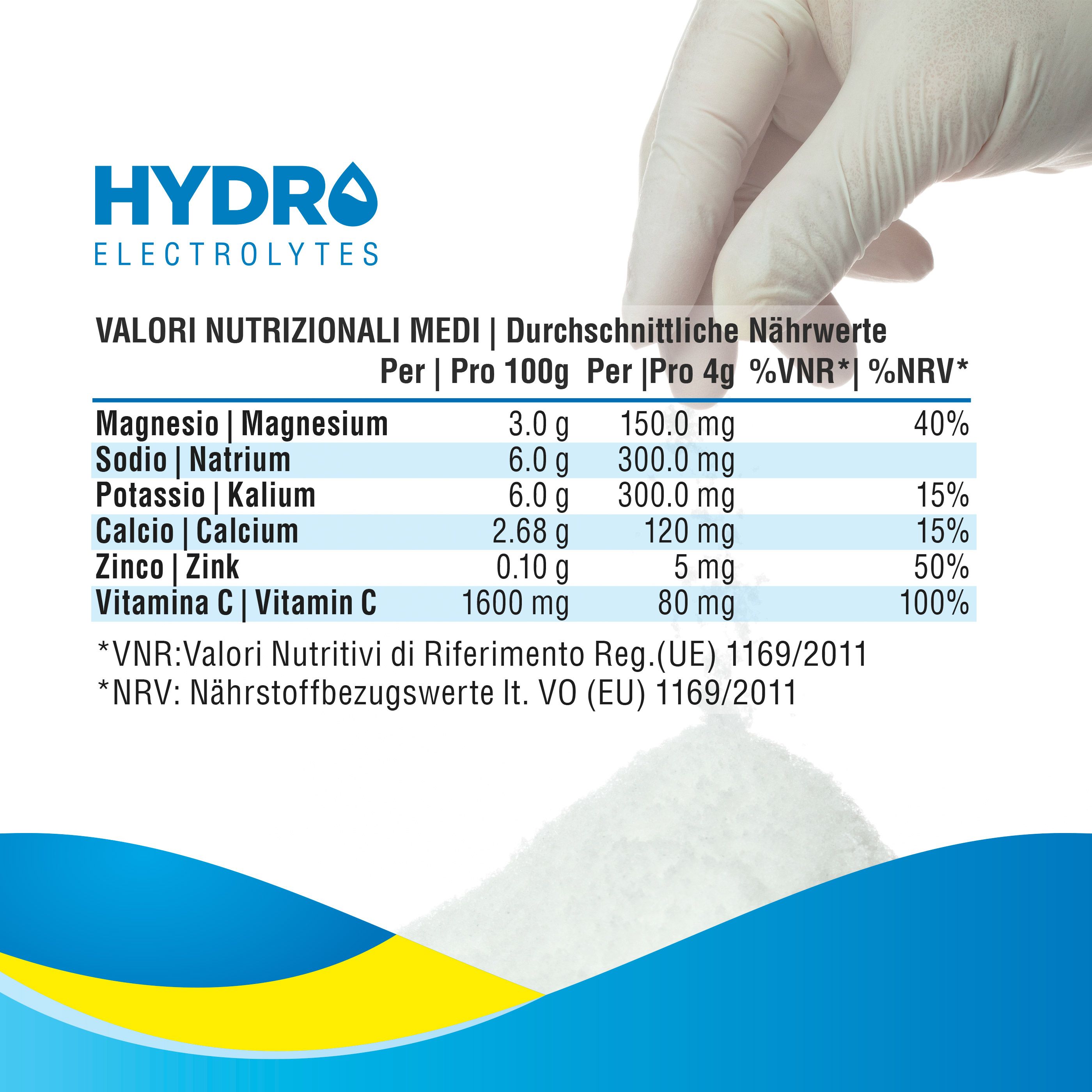 Tabella nutrizionale con magnesio, sodio, potassio, calcio, zinco e vitamina C. Testo in tedesco e italiano.