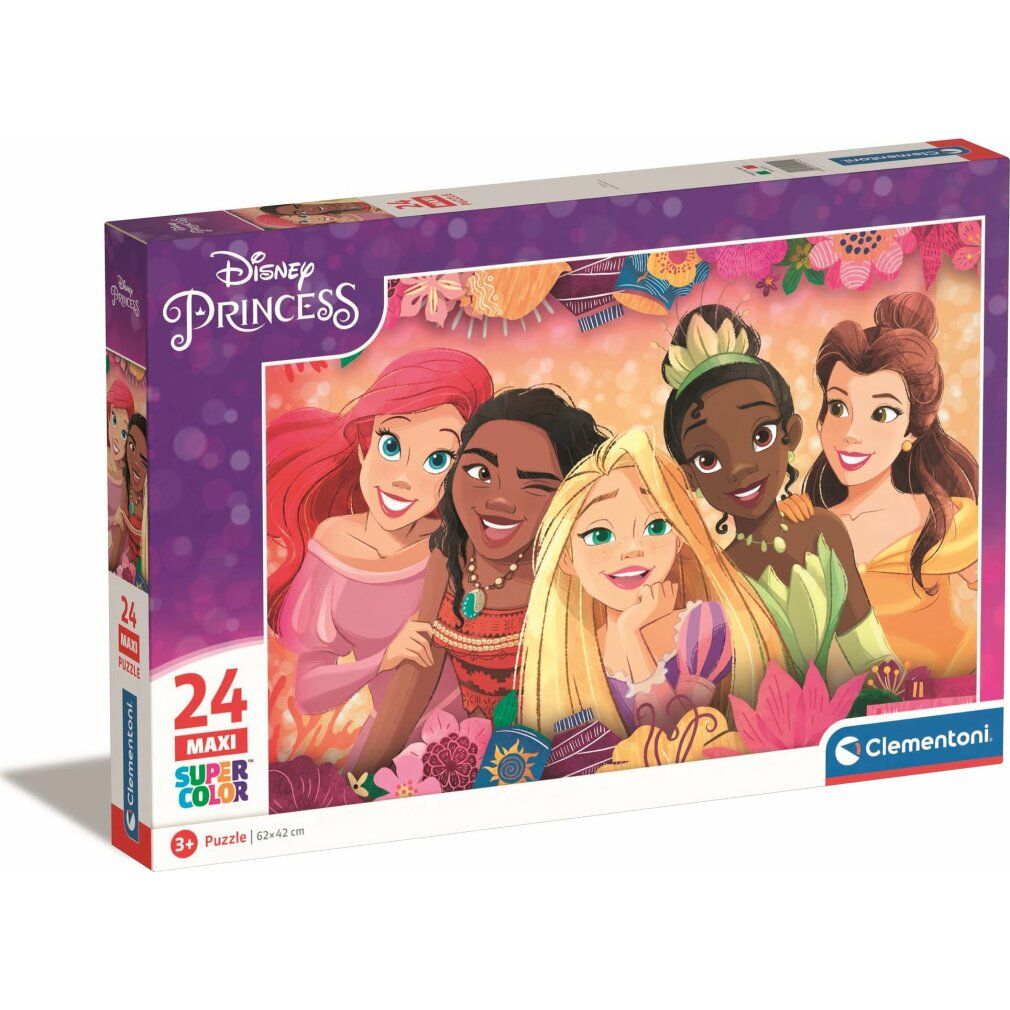 Scatola puzzle Disney Princess. 24 pezzi, formato maxi. Marchio Clementoni. Indicato: 3+ anni.