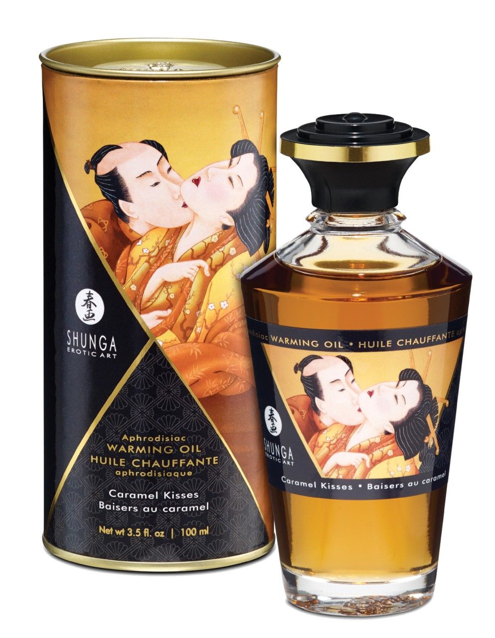 Flacone e scatola di olio da massaggio Shunga, motivo bacio al caramello, 100ml.