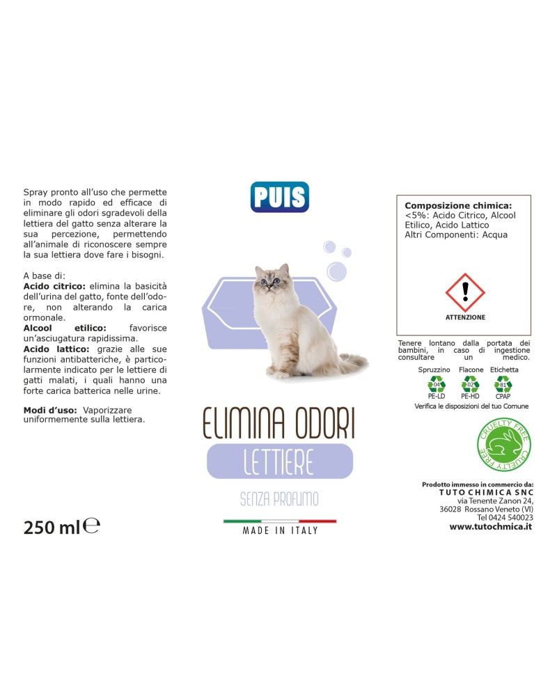 Etichetta prodotto con testo e illustrazione. Contiene informazioni sugli ingredienti e l'uso. Con il logo "Puis".