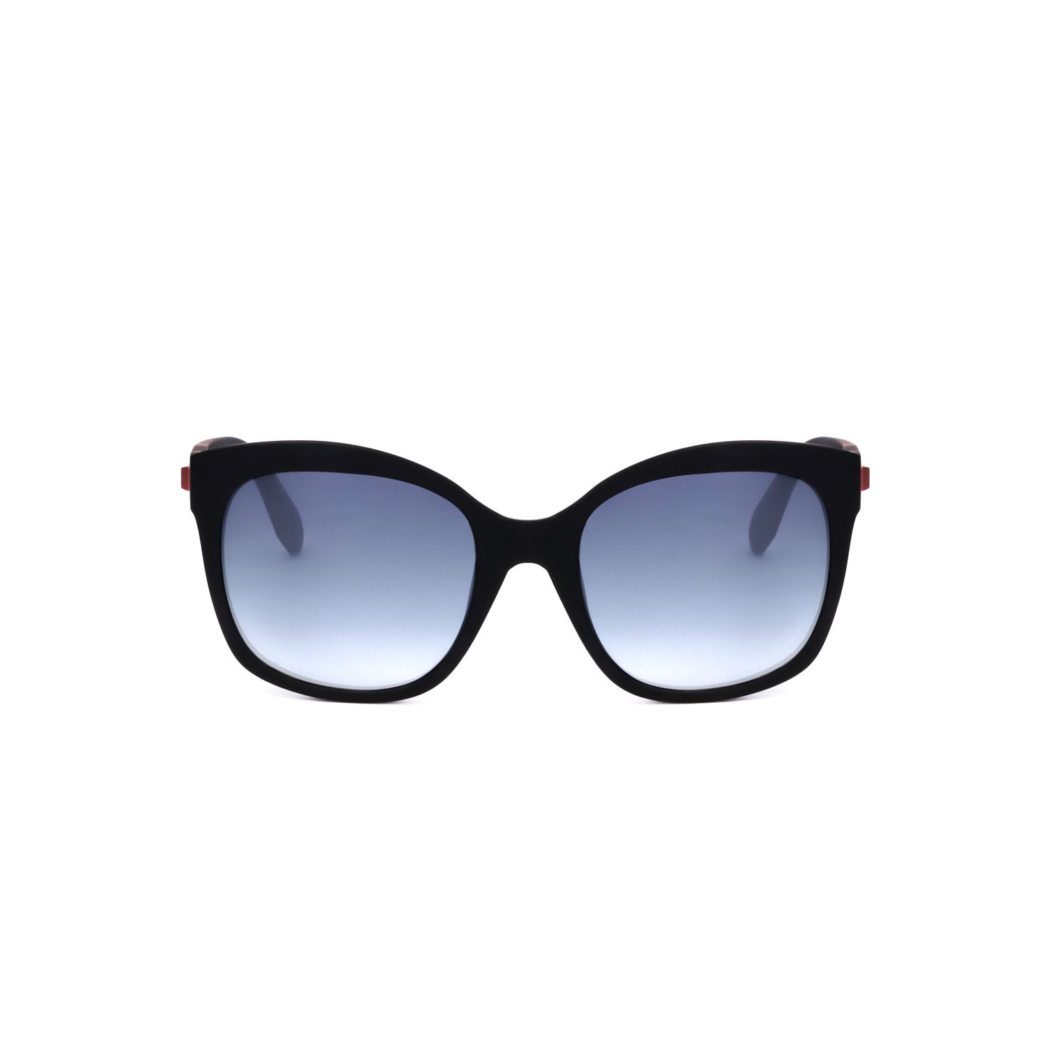 Occhiali da sole neri da donna, montatura larga, lenti sfumate blu.