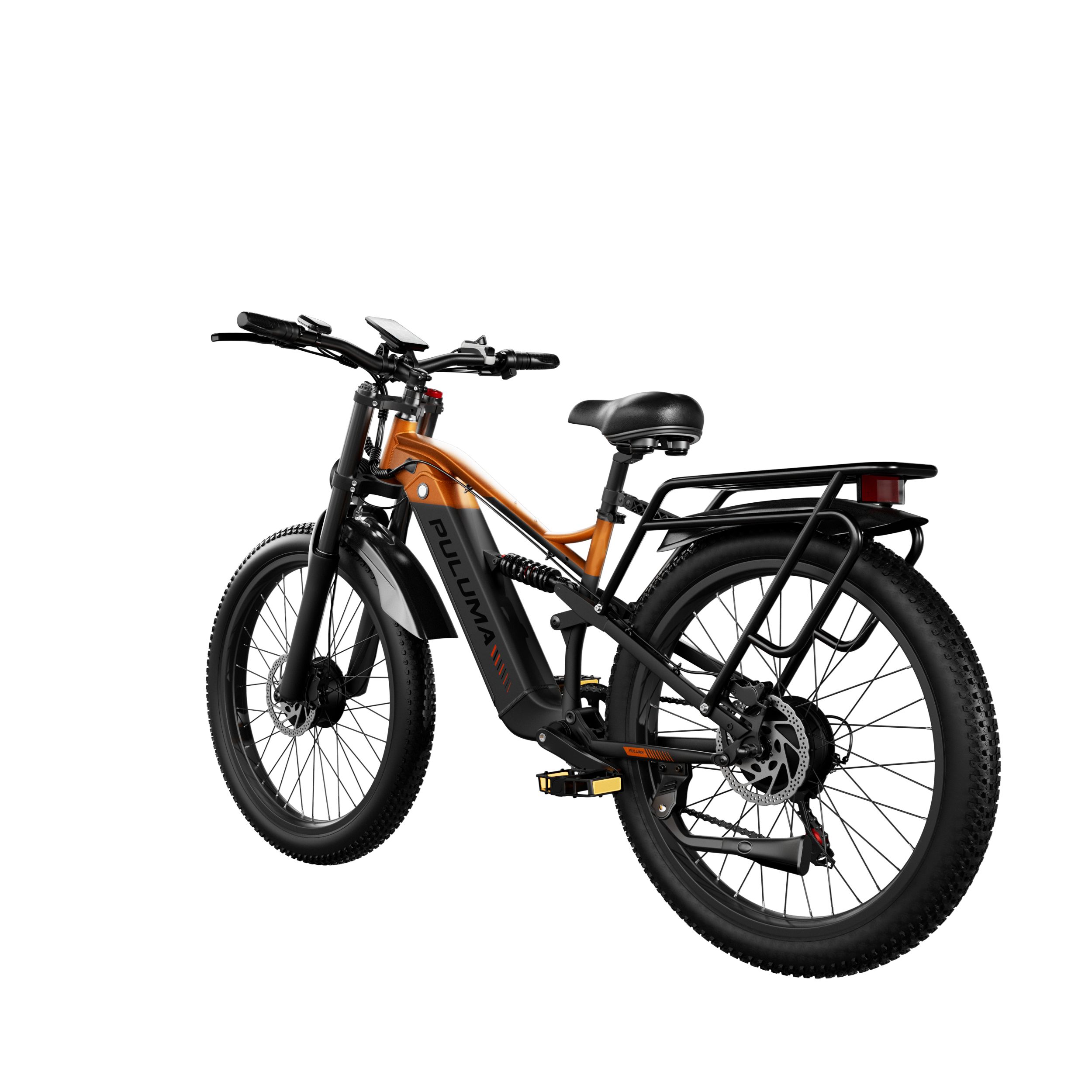 E-bike PULUMA PE86 Pro con doppio motore. Telaio arancione, pneumatici neri e portapacchi. Vista posteriore.