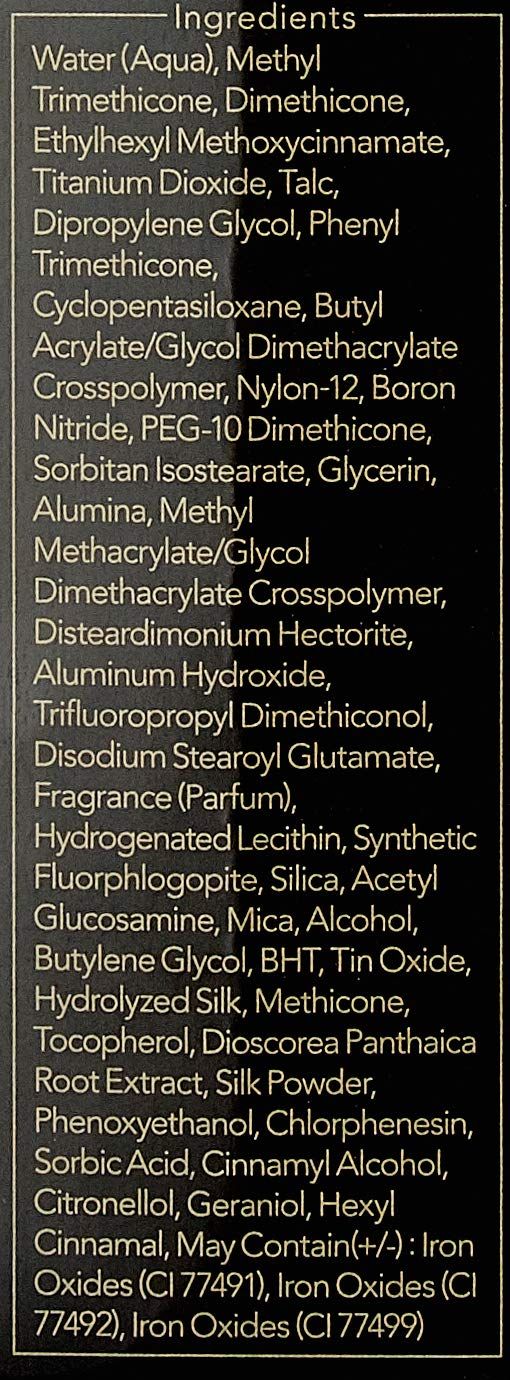 Carta nera con ingredienti: Water, Methyl Trimethicone, Dimethicone, Ethylhexyl Methoxycinnamate, etc.