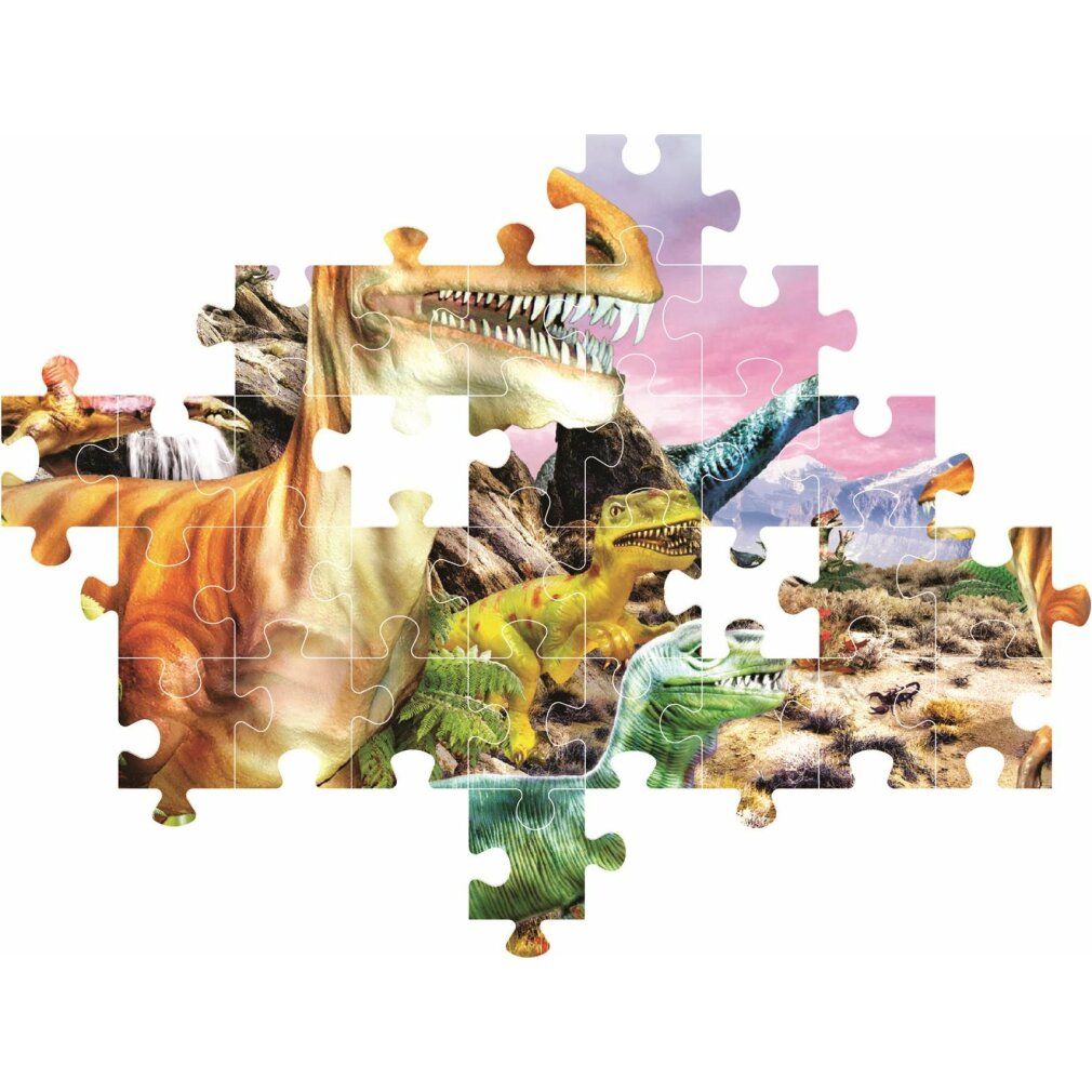Puzzle parzialmente assemblato con motivo dinosauri. Alcuni pezzi sono collegati, altri mancano. Sfondo bianco.