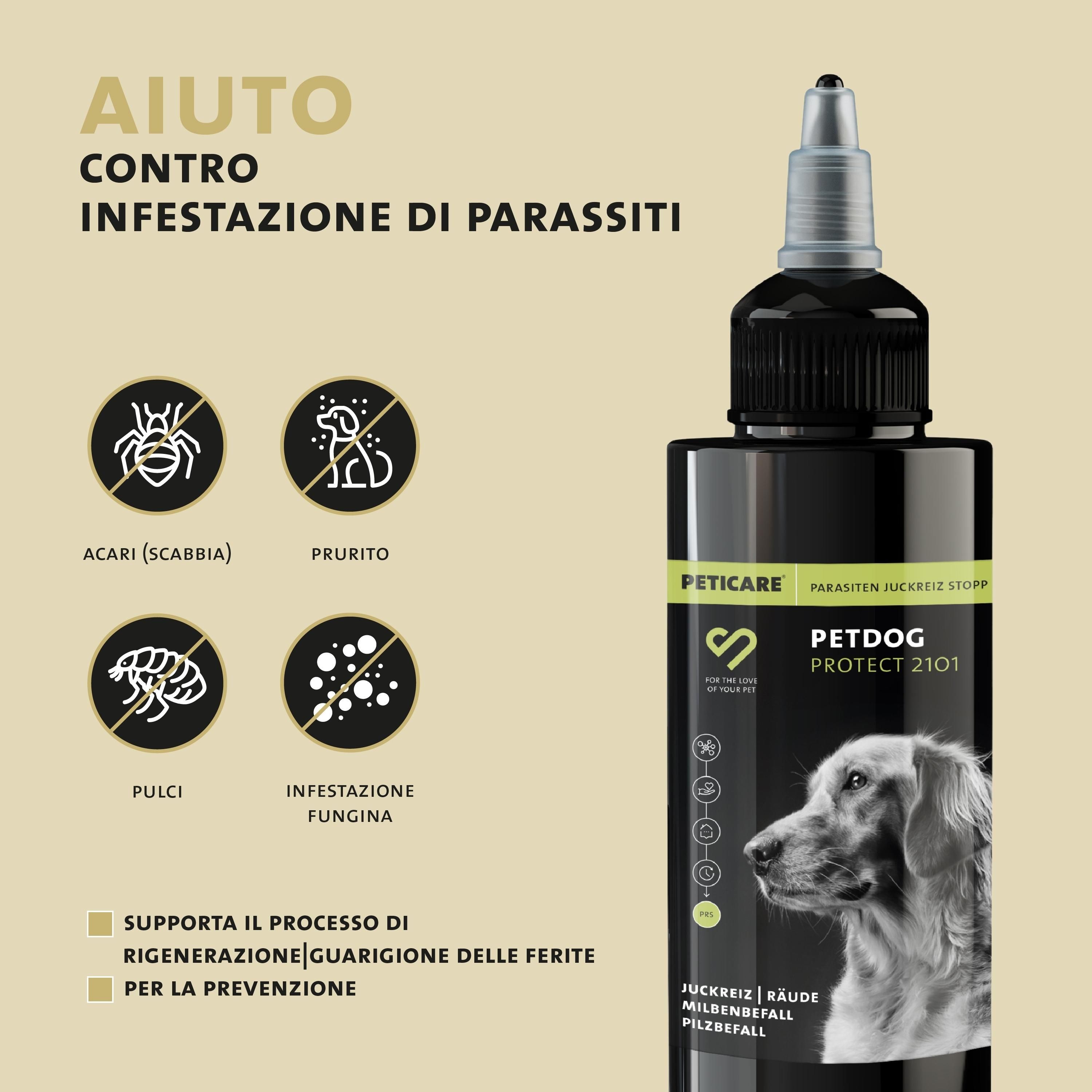 Flacone del prodotto con simboli. Testo: Aiuto contro l'infestazione da parassiti. Acari, pulci, micosi. Prurito.