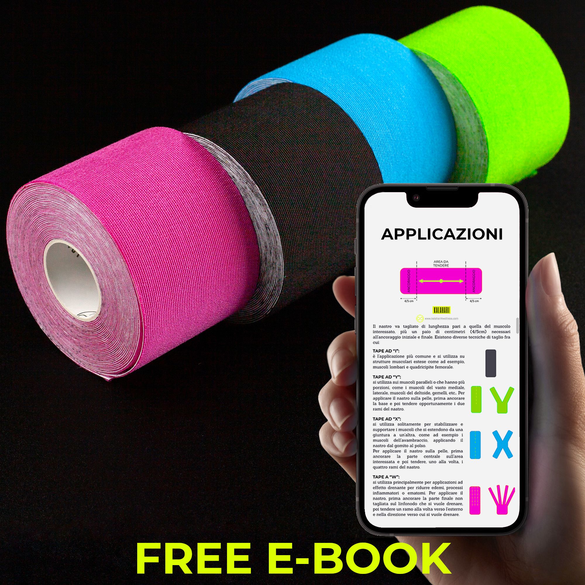 Quattro rotoli di nastro kinesiologico rosa, nero, blu e verde.