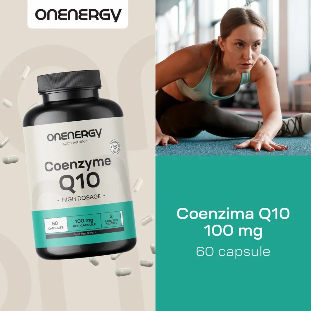 Donna che si allunga. Flacone di capsule. Scritta: OnEnergy, Coenzima Q10, 100 mg. 60 capsule.
