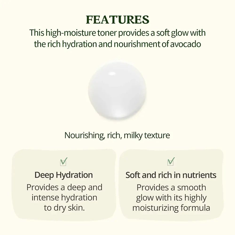 Testo: Caratteristiche del toner. Idratazione profonda e morbido e ricco di nutrienti. Texture: nutriente, ricco, lattiginoso.