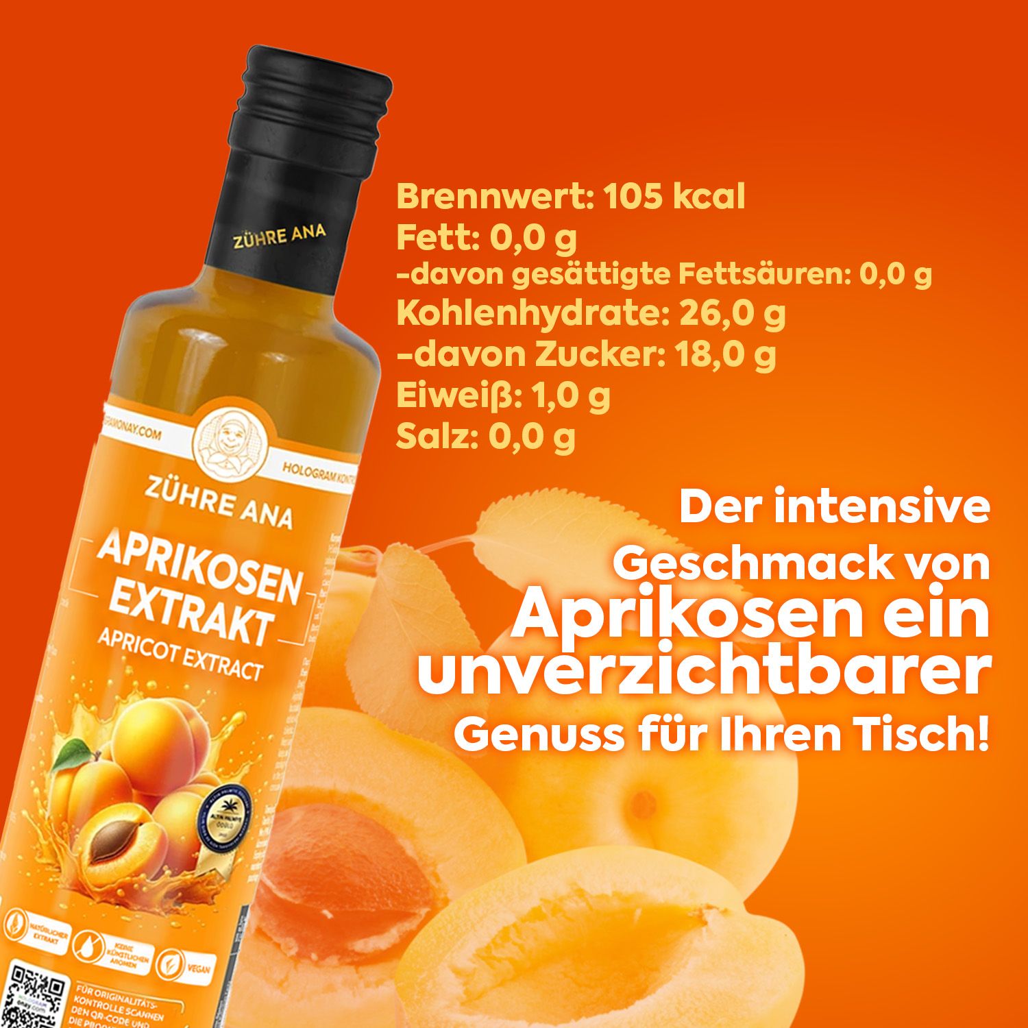 Bottiglia di estratto di albicocca, etichetta con frutta e testo.